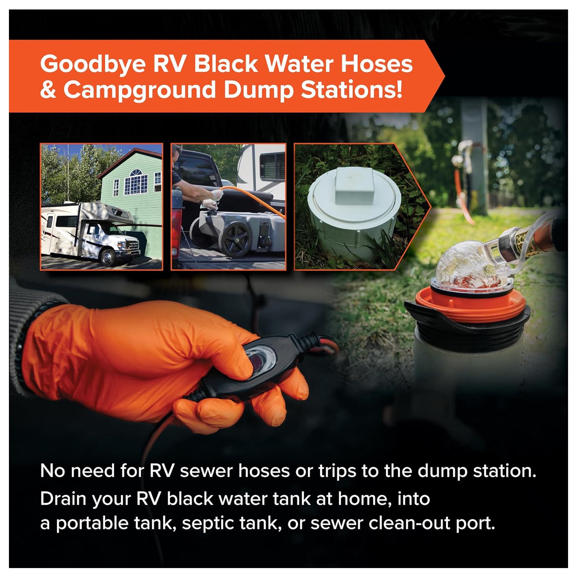 Rhino Sewer Macerator Pump System for Campers or RVs with 4-in-1 Adapter, Orange