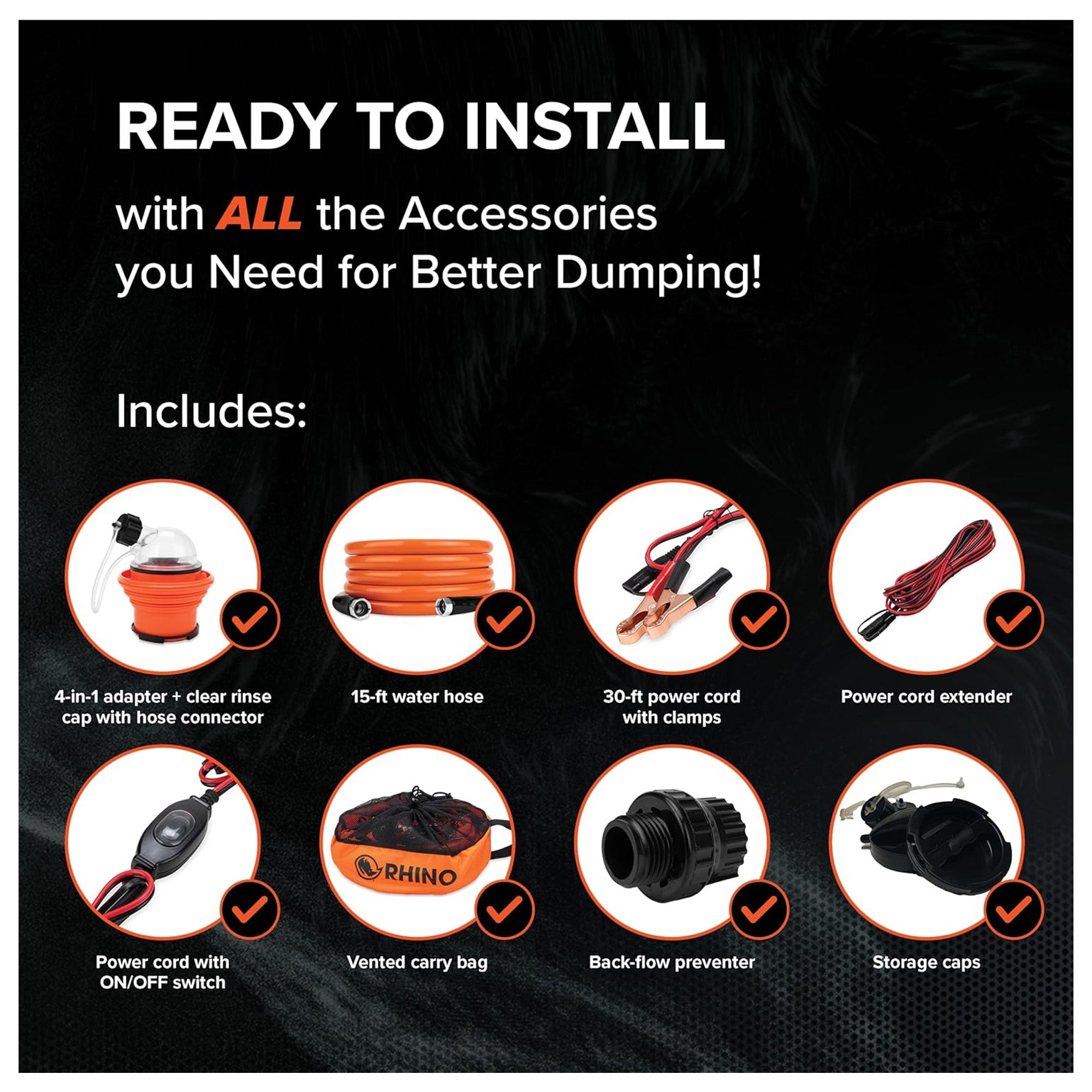 Rhino Sewer Macerator Pump System for Campers or RVs with 4-in-1 Adapter, Orange
