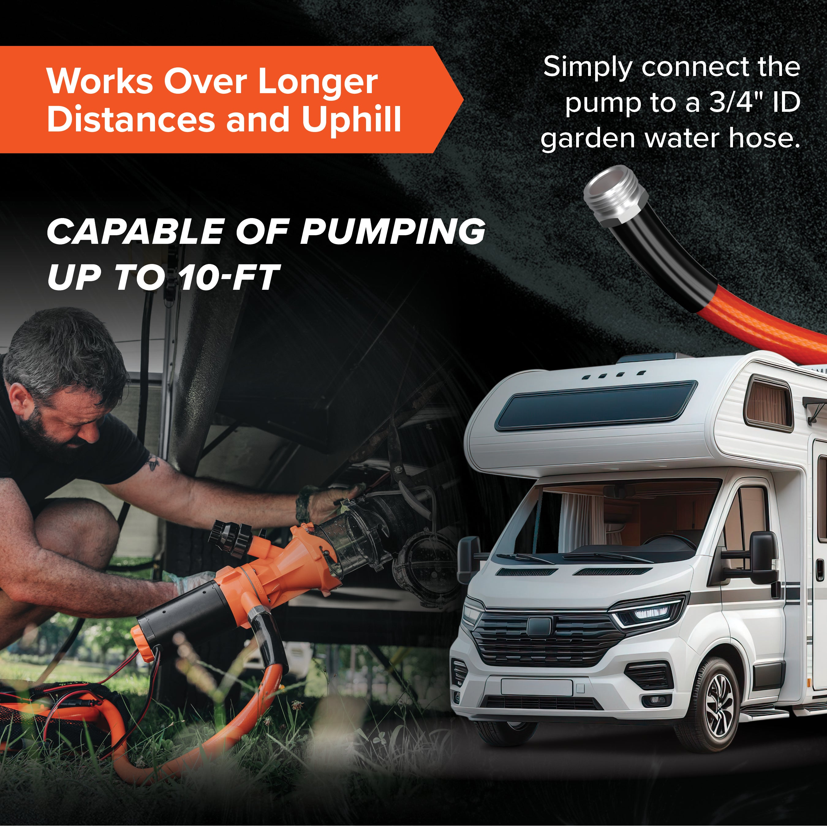 Rhino Sewer Macerator Pump System for Campers or RVs with 4-in-1 Adapter, Orange