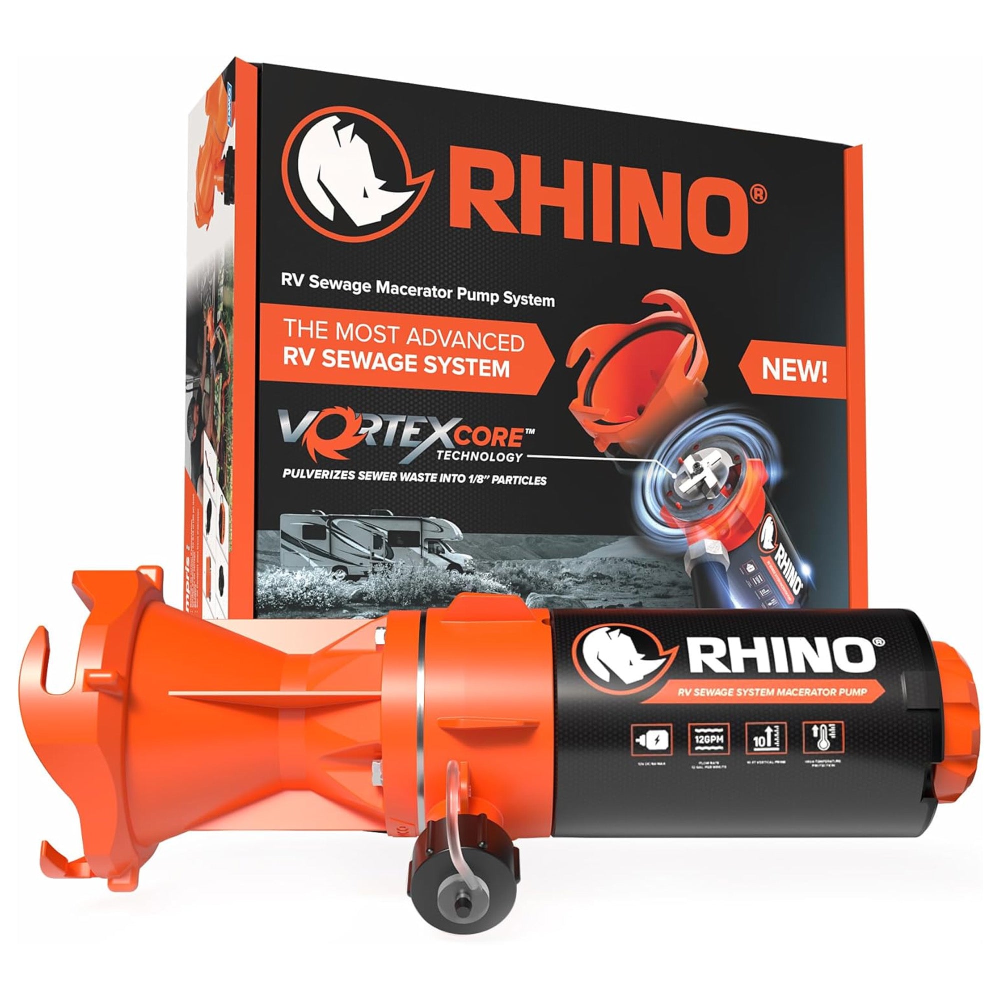 Rhino Sewer Macerator Pump System for Campers or RVs with 4-in-1 Adapter, Orange - VMInnovations