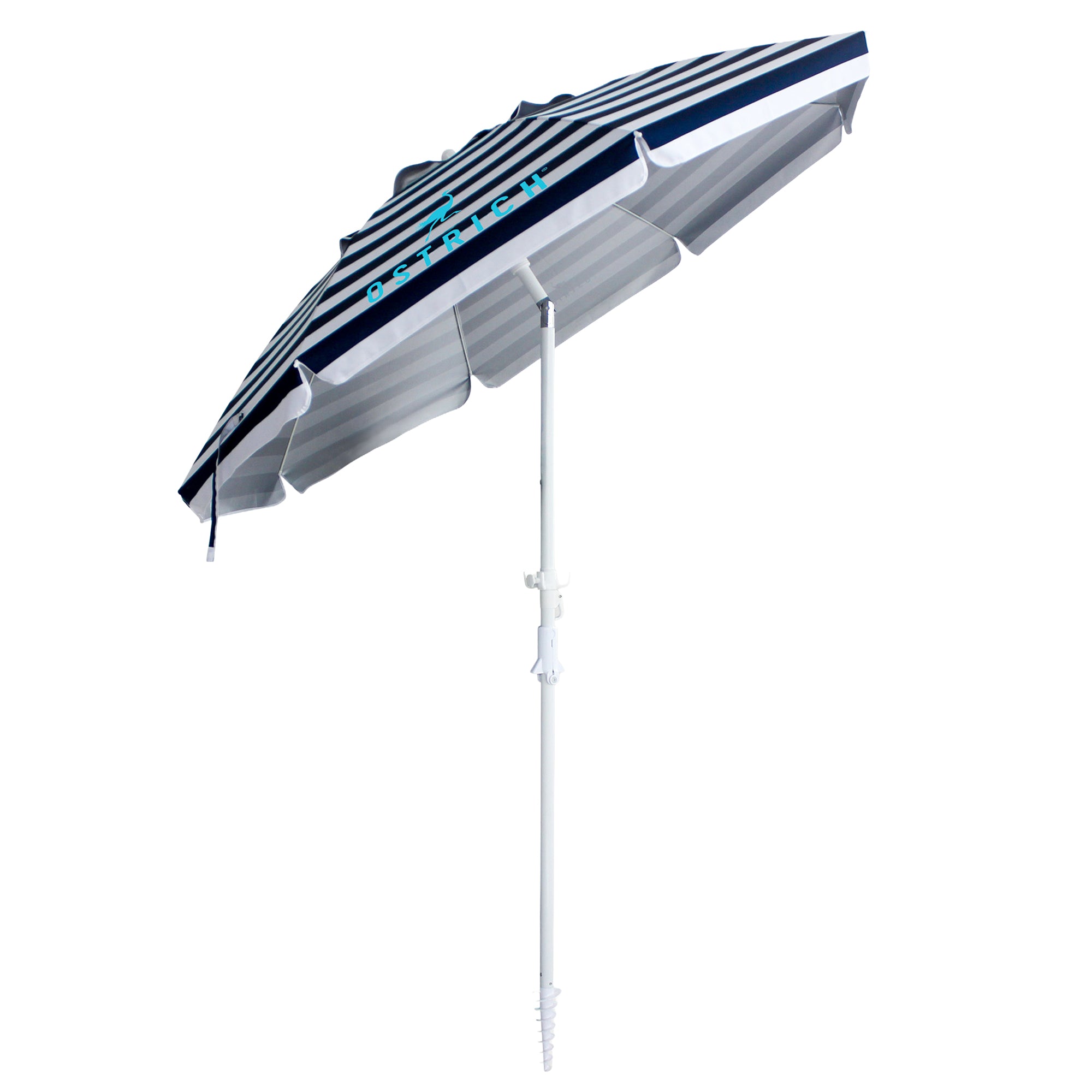 Ostrich The Deluxe Umbrella, 7 ft Beach Umbrella w/Sand Auger, Navy Blue Stripe - VMInnovations