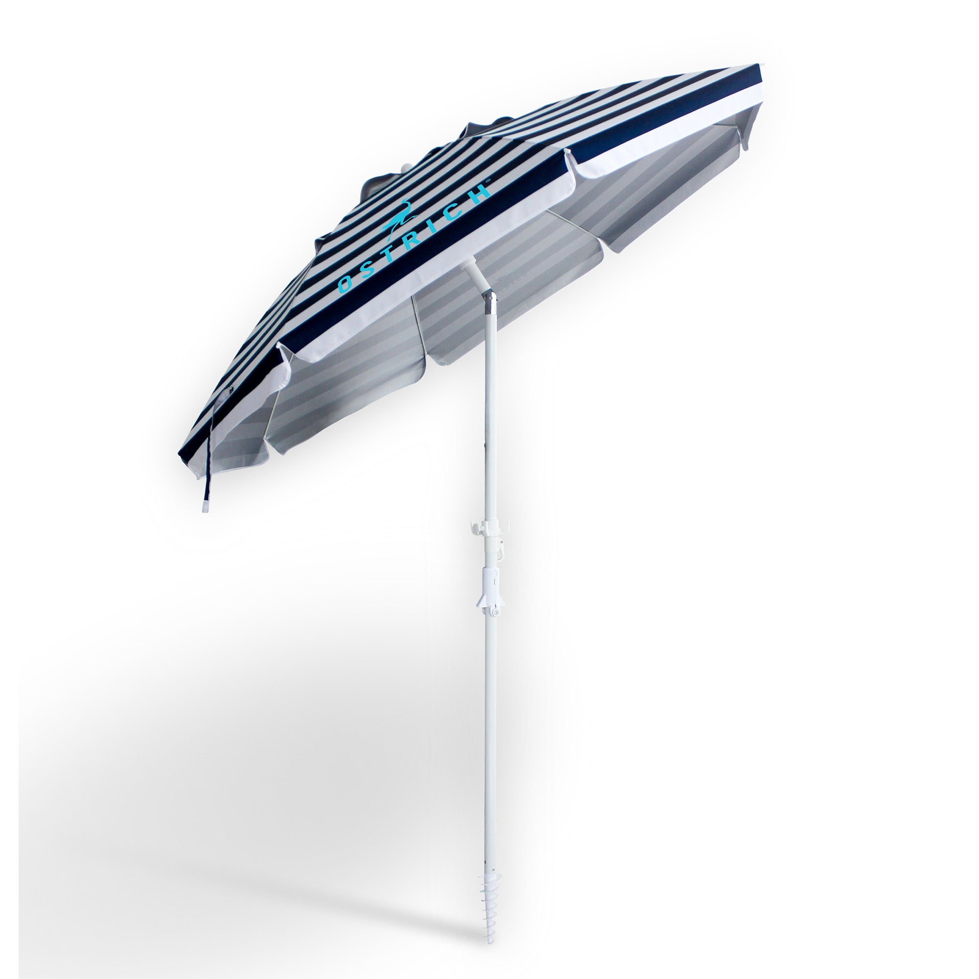 Ostrich The Deluxe Umbrella, 7 ft Beach Umbrella w/Sand Auger, Navy Blue Stripe
