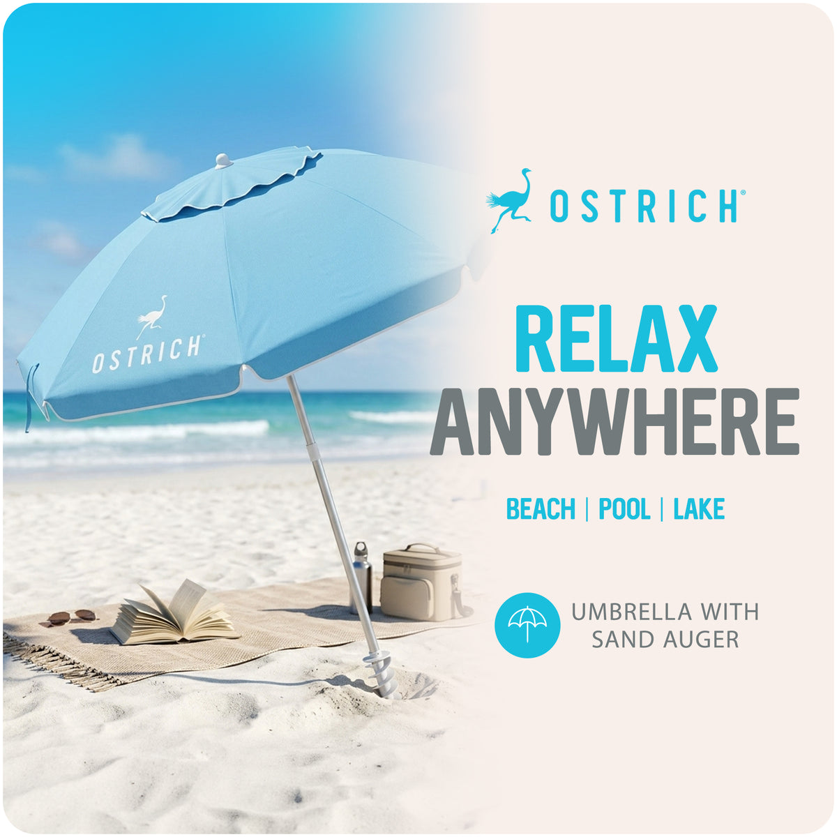 Ostrich The Deluxe Umbrella, 7 ft Beach Umbrella with Sand Auger, Light Blue (Open Box)