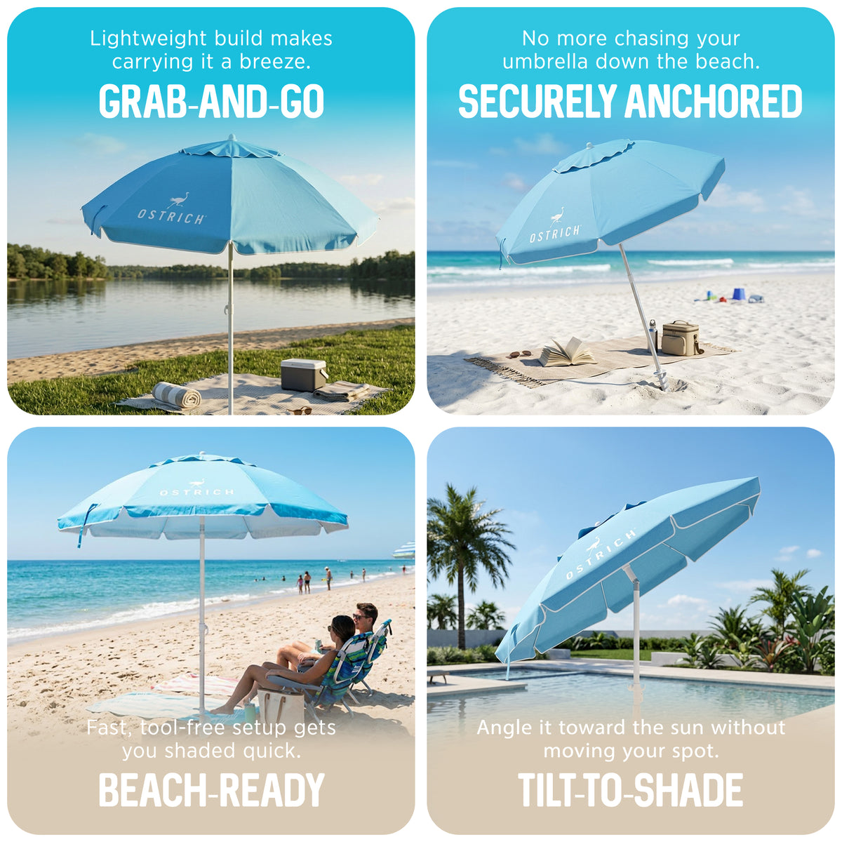 Ostrich The Deluxe Umbrella, 7 ft Beach Umbrella with Sand Auger, Light Blue (Open Box)