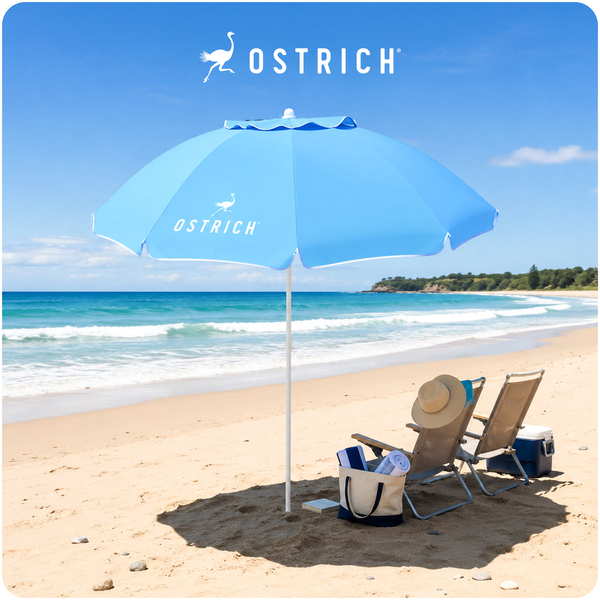 Ostrich The Deluxe Umbrella, 7 ft Beach Umbrella with Sand Auger, Light Blue - VMInnovations