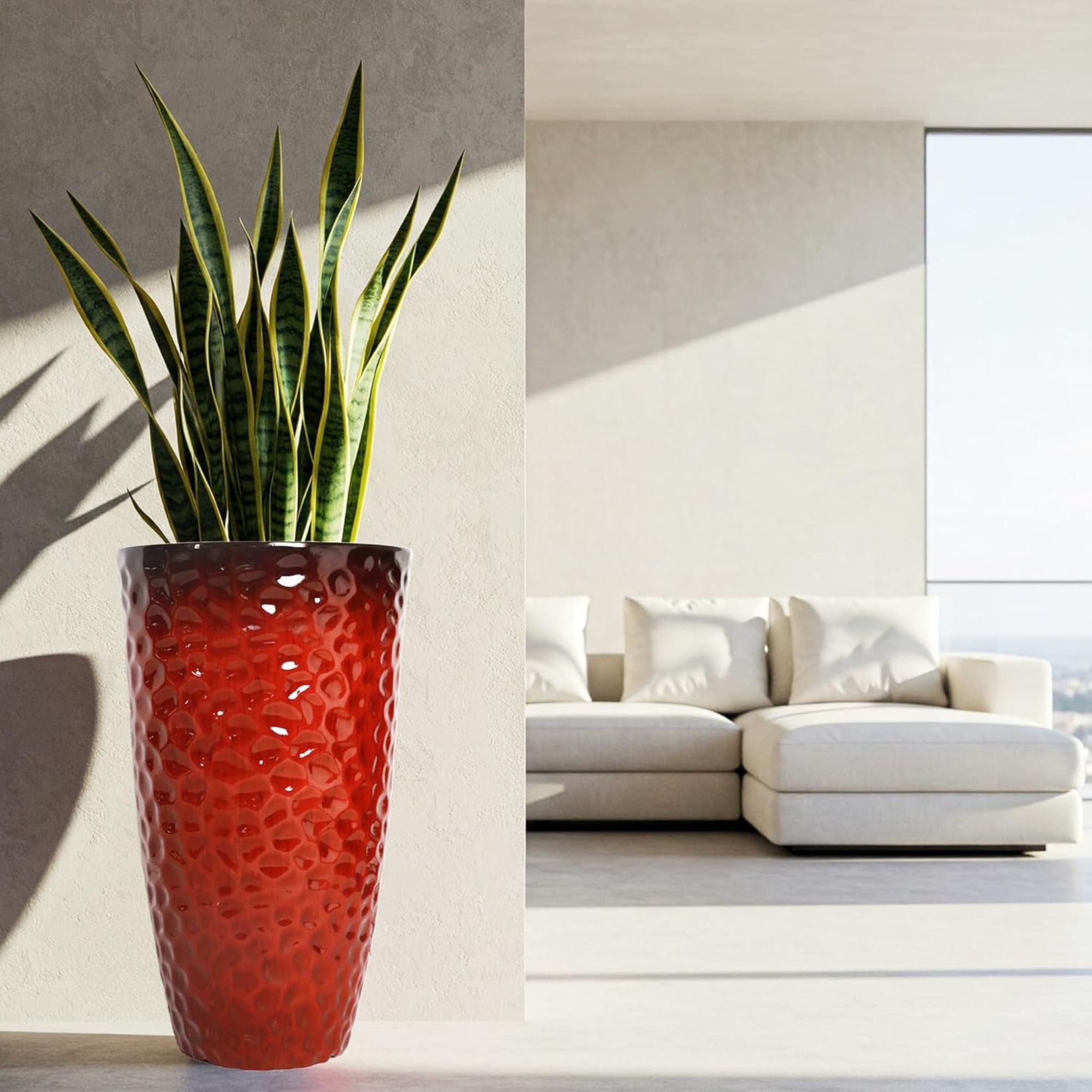 Worth 2 Pack 24" Tall Large Round Plastic Planter with Drainage Hole, Glossy Red - VMInnovations