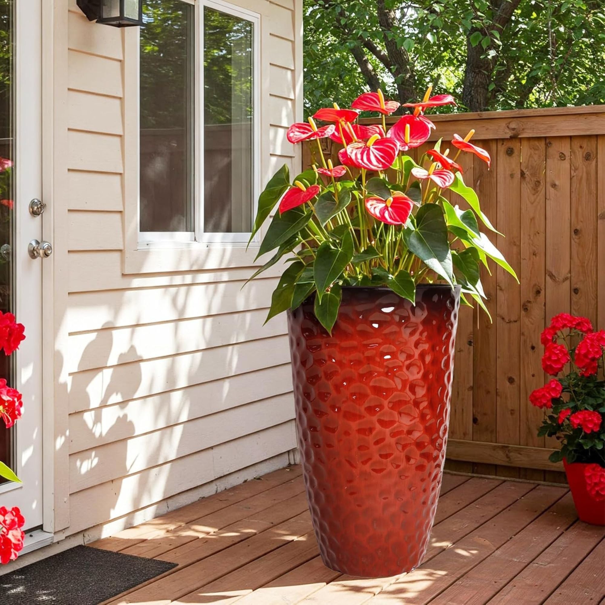 Worth 2 Pack 24" Tall Large Round Plastic Planter with Drainage Hole, Glossy Red - VMInnovations