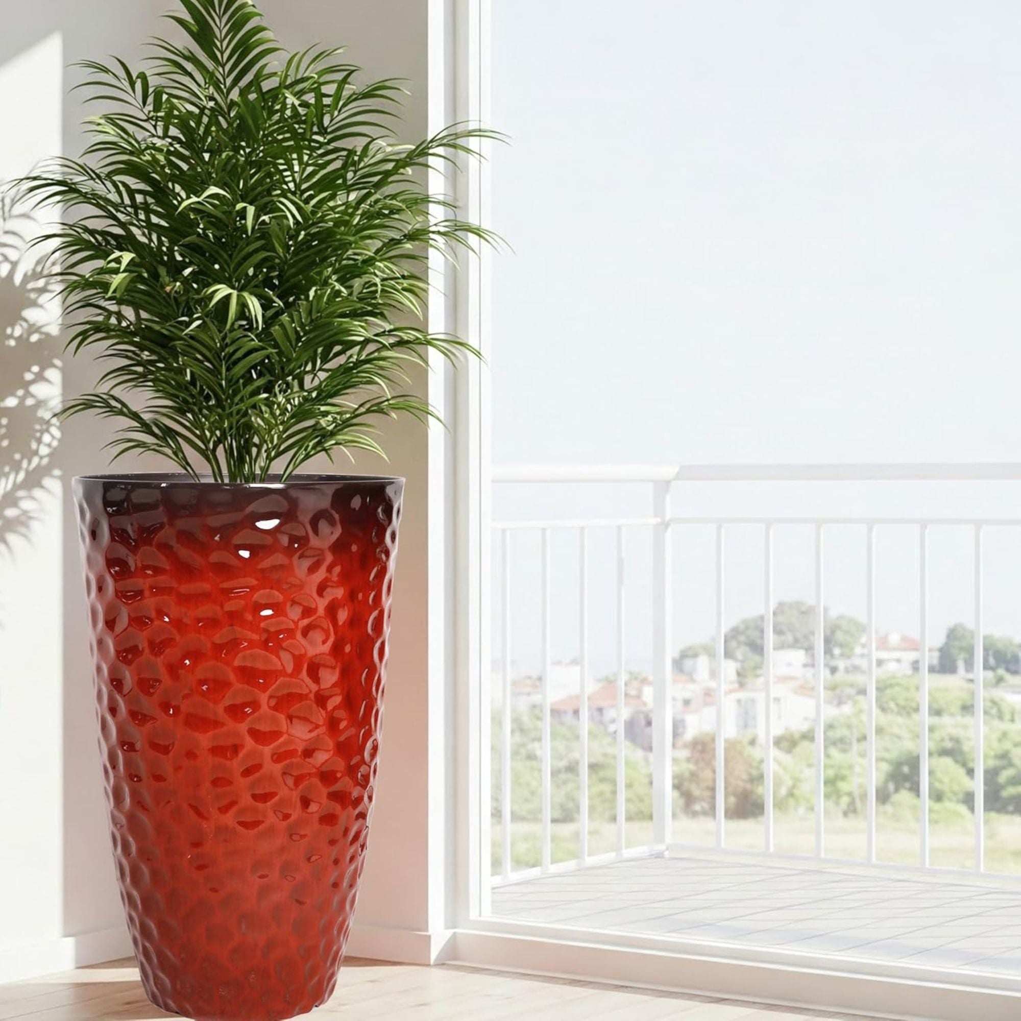 Worth 2 Pack 24" Tall Large Round Plastic Planter with Drainage Hole, Glossy Red - VMInnovations
