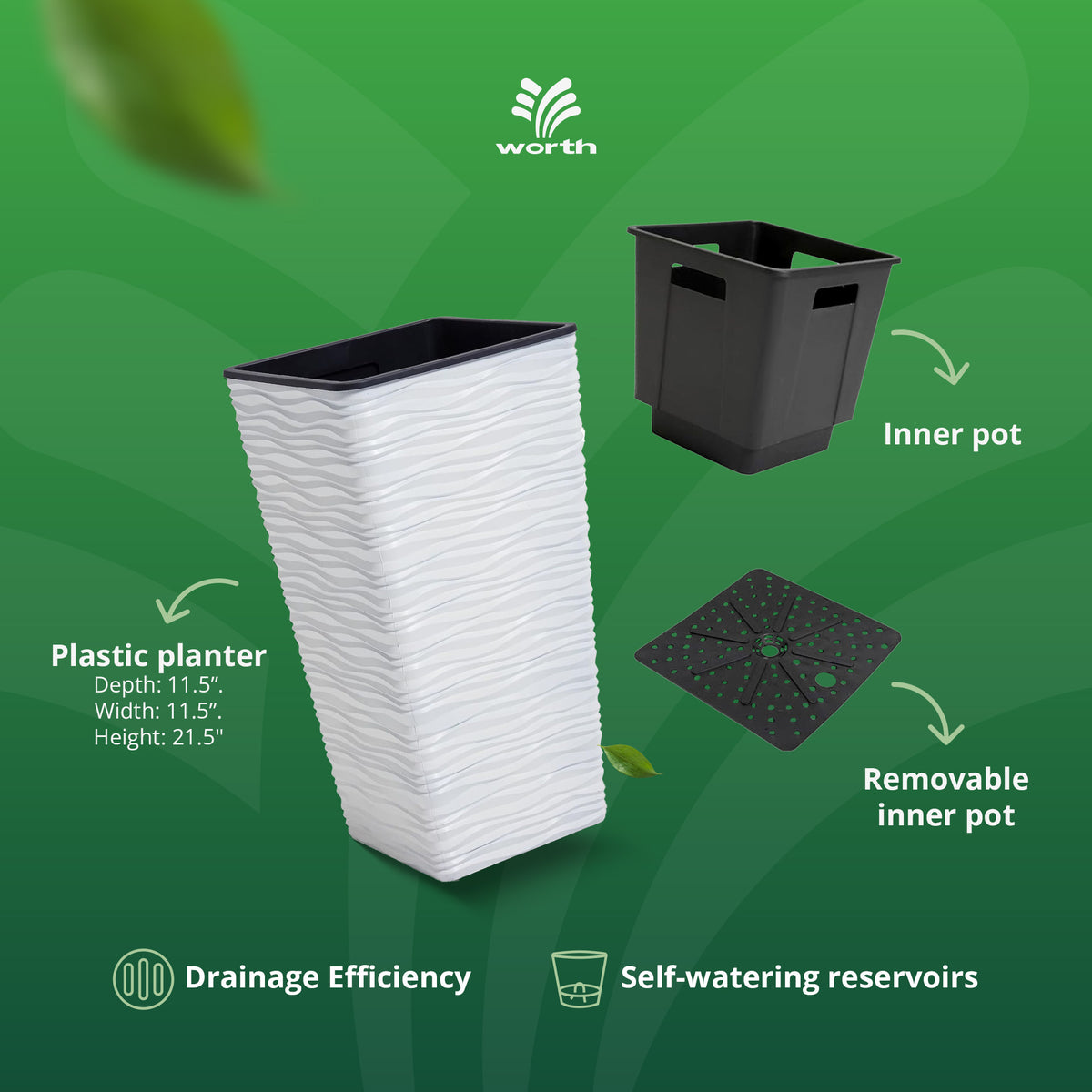 Worth 2 Pack 22" Tall Plastic Square Tapered Planter W Inside Pots, (Open Box)