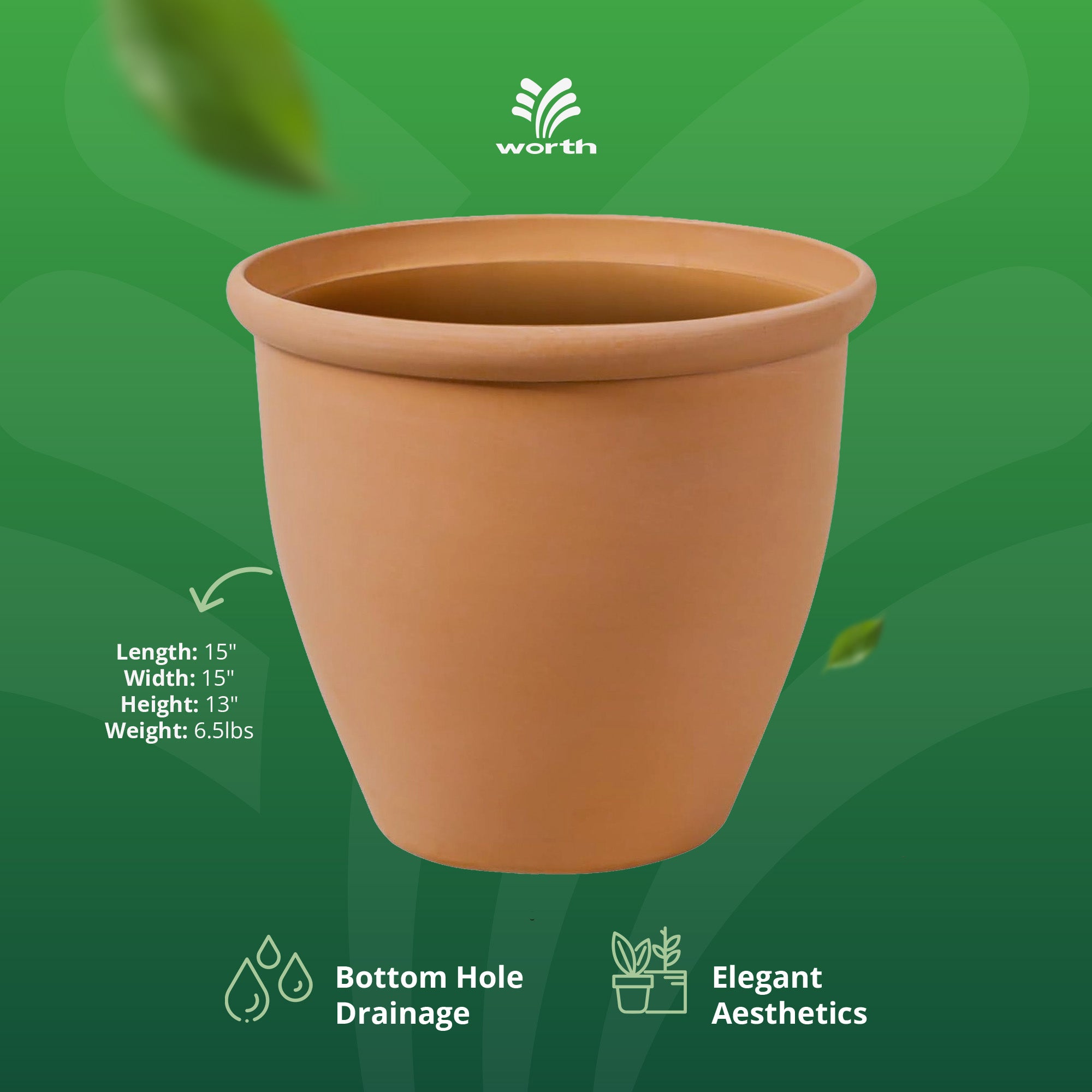Worth 2 Pack 15" Round Planters, Large Plastic Plant Pots with Drainage Hole