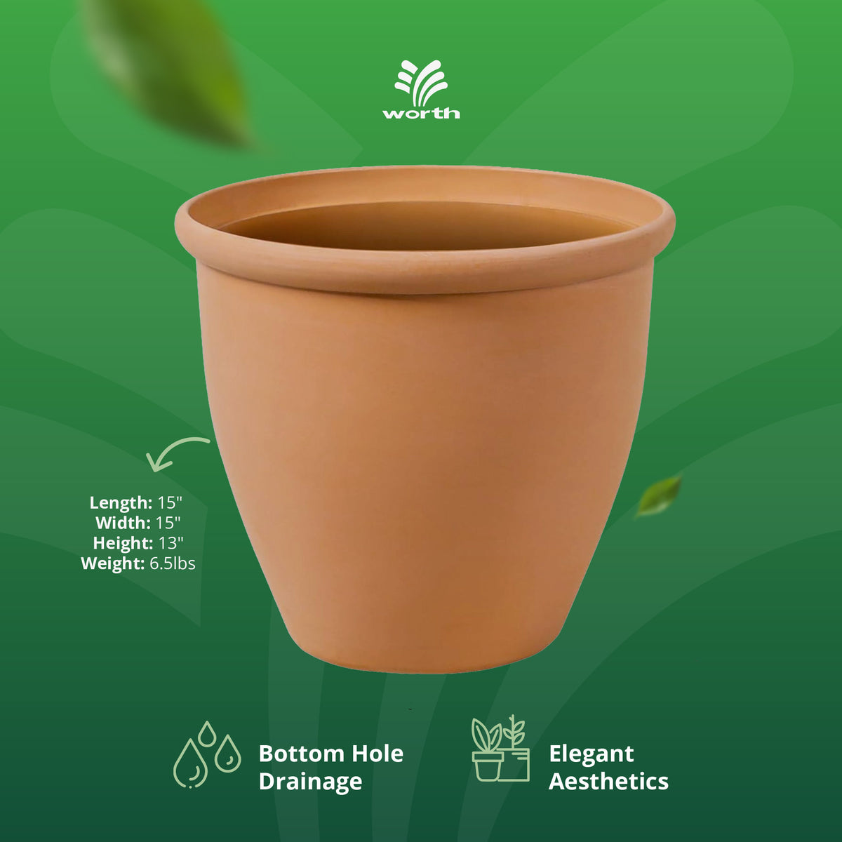 Worth 2 Pack 15" Round Planters, Large Plastic Plant Pots with Drainage Hole