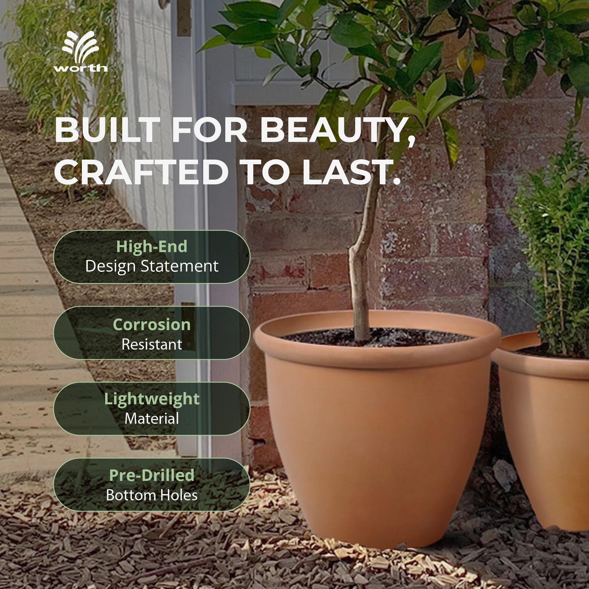 Worth 2 Pack 15" Round Planters, Large Plastic Plant Pots with Drainage Hole