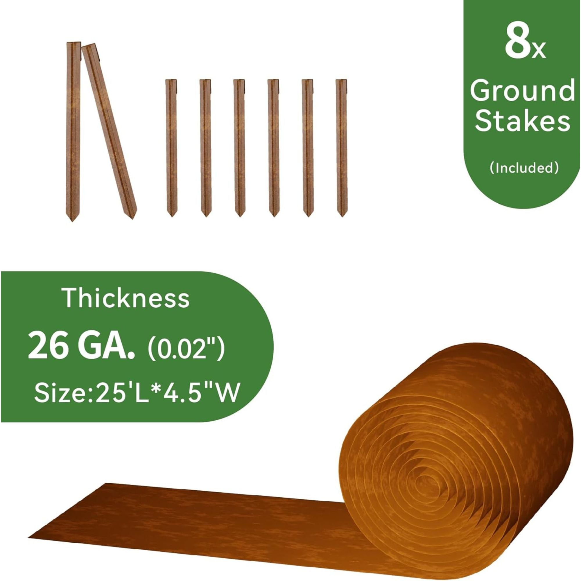 Worth Galvanized Steel Landscape Edging Roll with 8 Stakes, 4.5" x 25', Rust - VMInnovations