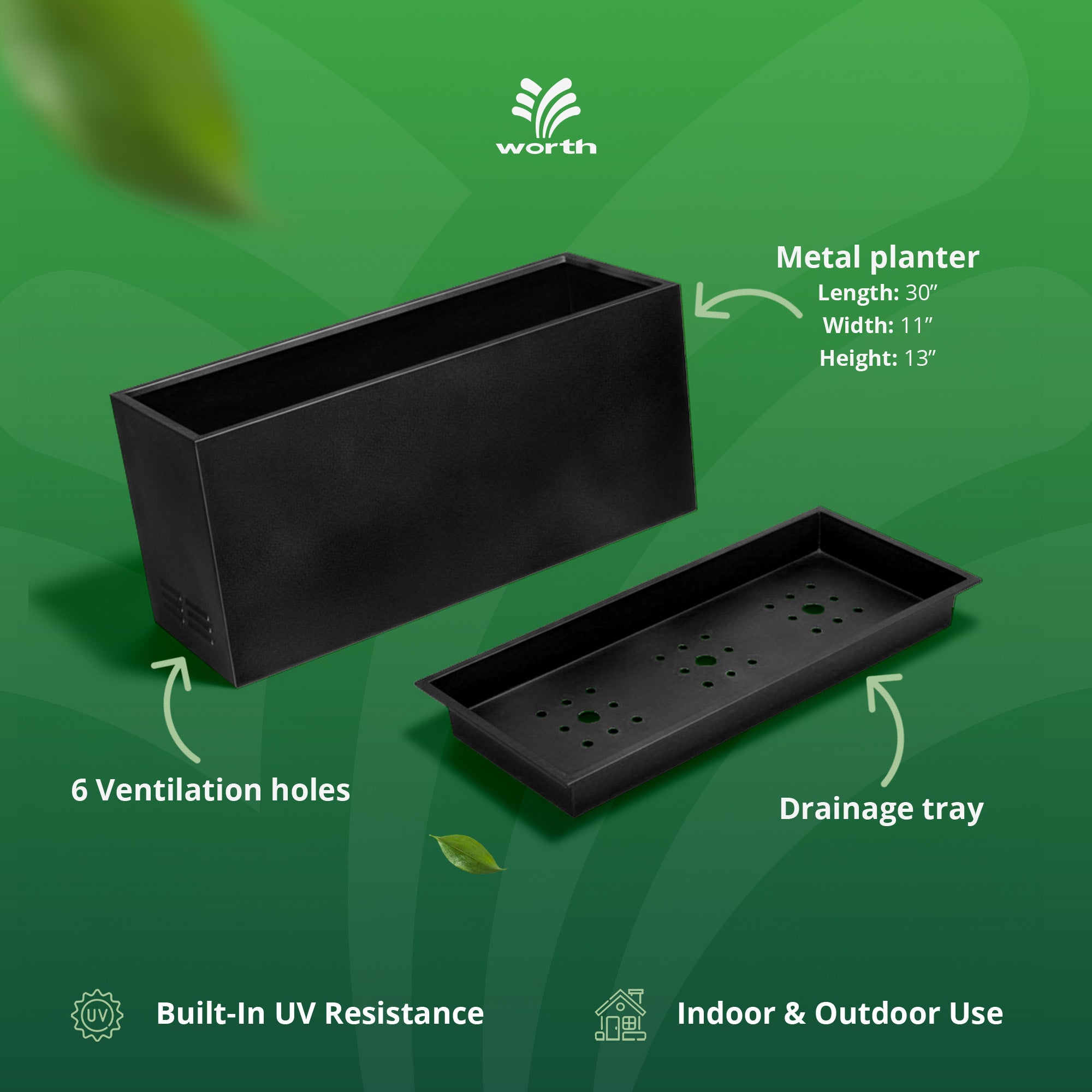 Worth Metal Planter w/Insert Plate & Drain Holes, 30" Long, Black (Open Box)