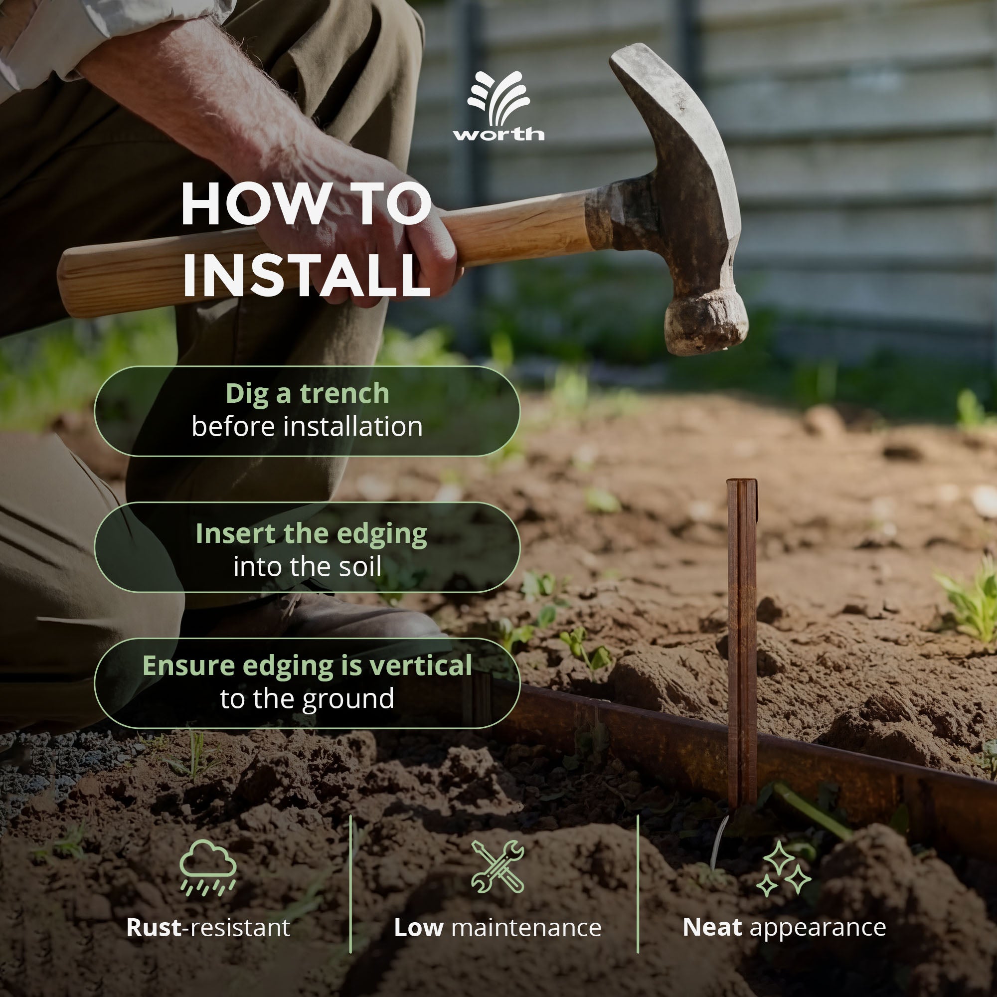 Worth Galvanized Steel Landscape Edging Roll with 16 Stakes, 6" x 50', Rust - VMInnovations
