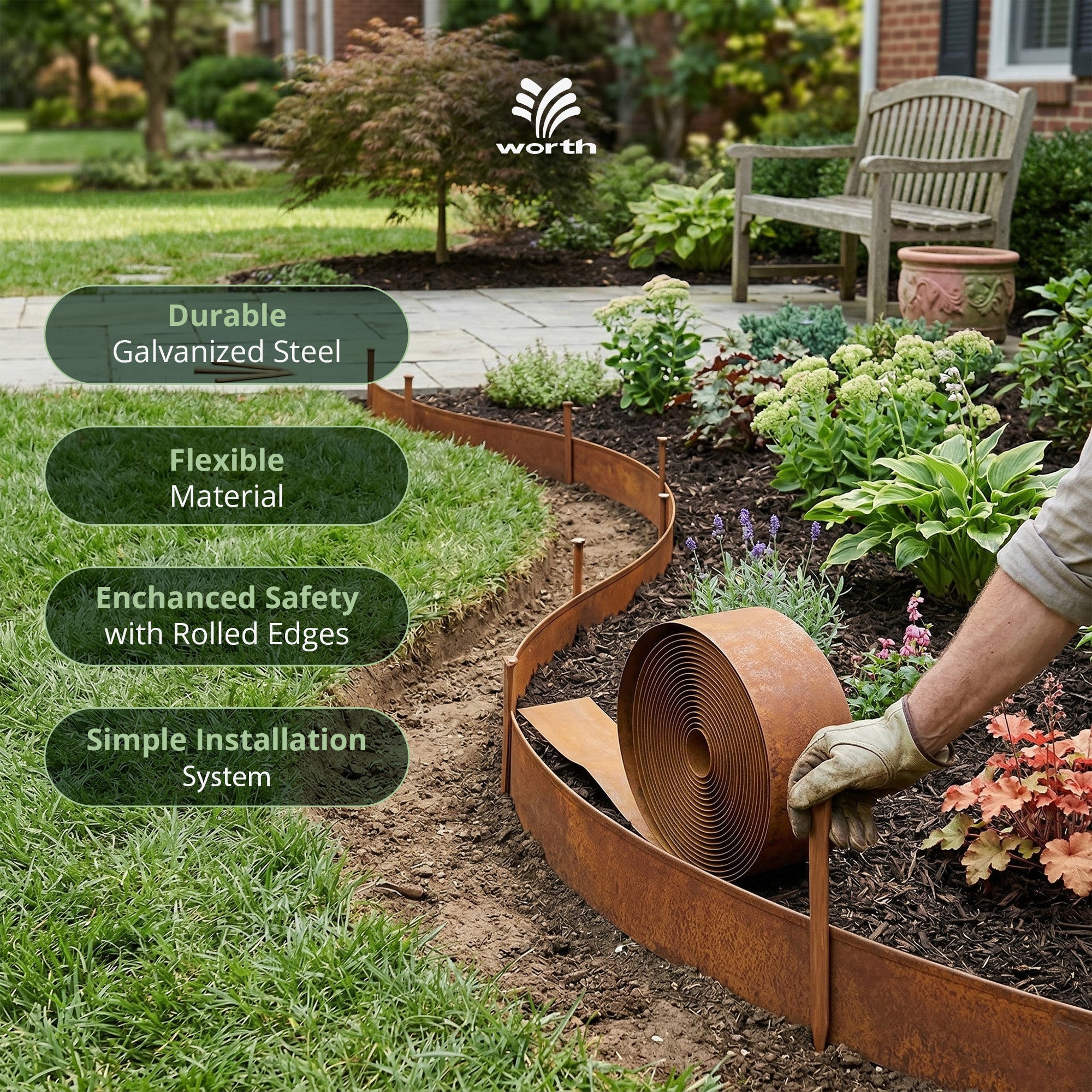 Worth Galvanized Steel Landscape Edging Roll with 8 Stakes, 4.5" x 50', Rust - VMInnovations