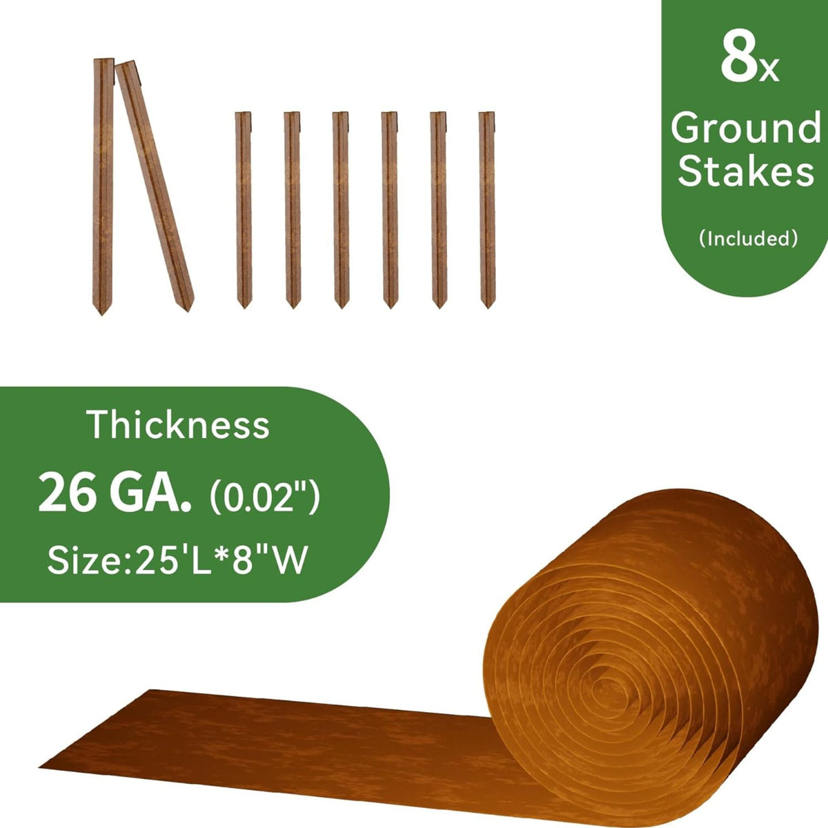 Worth Galvanized Steel Landscape Edging Roll with 8 Stakes, 8" x 25' (Open Box) - VMInnovations
