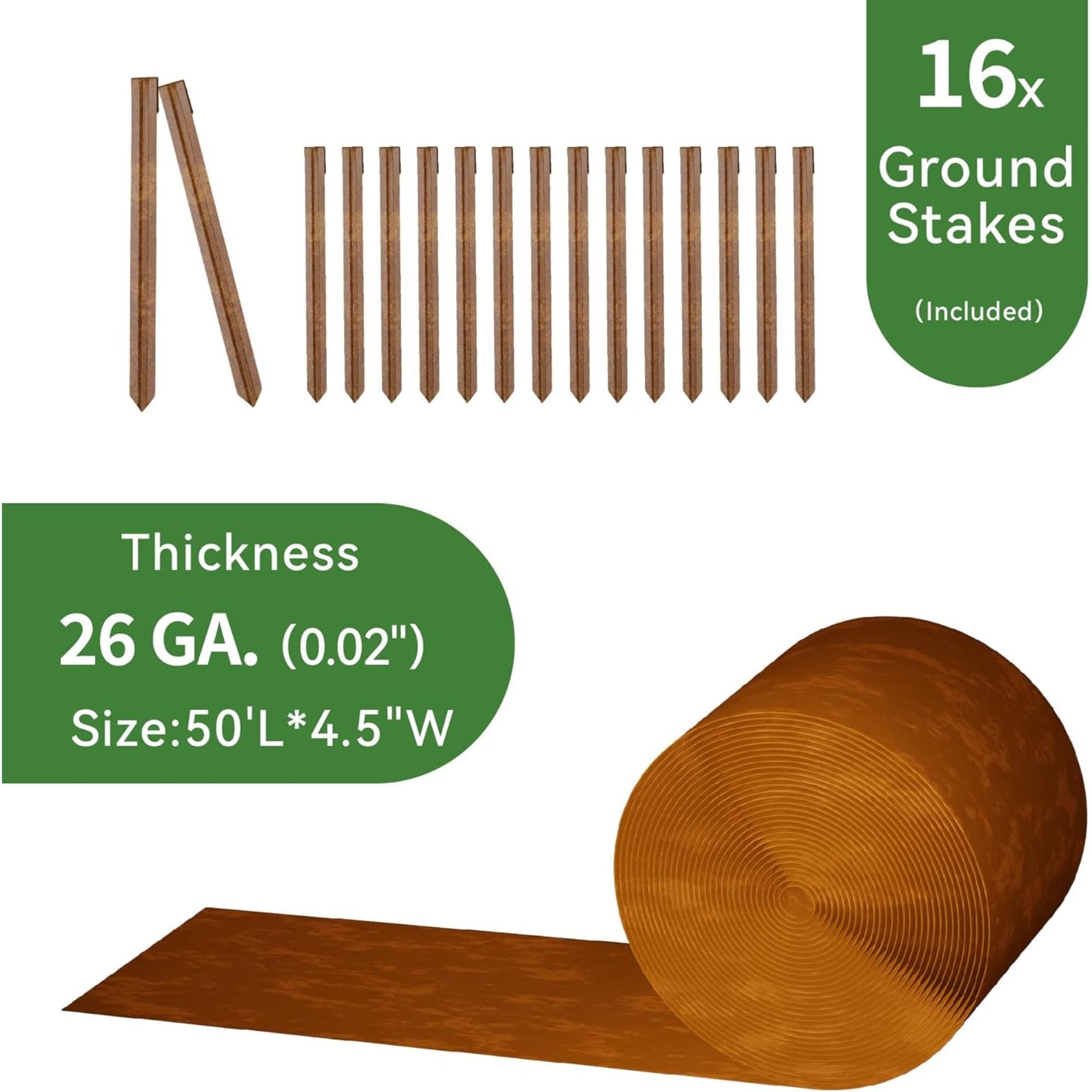 Worth Galvanized Steel Landscape Edging Roll with 16 Stakes, 4.5" x 50', Rust - VMInnovations
