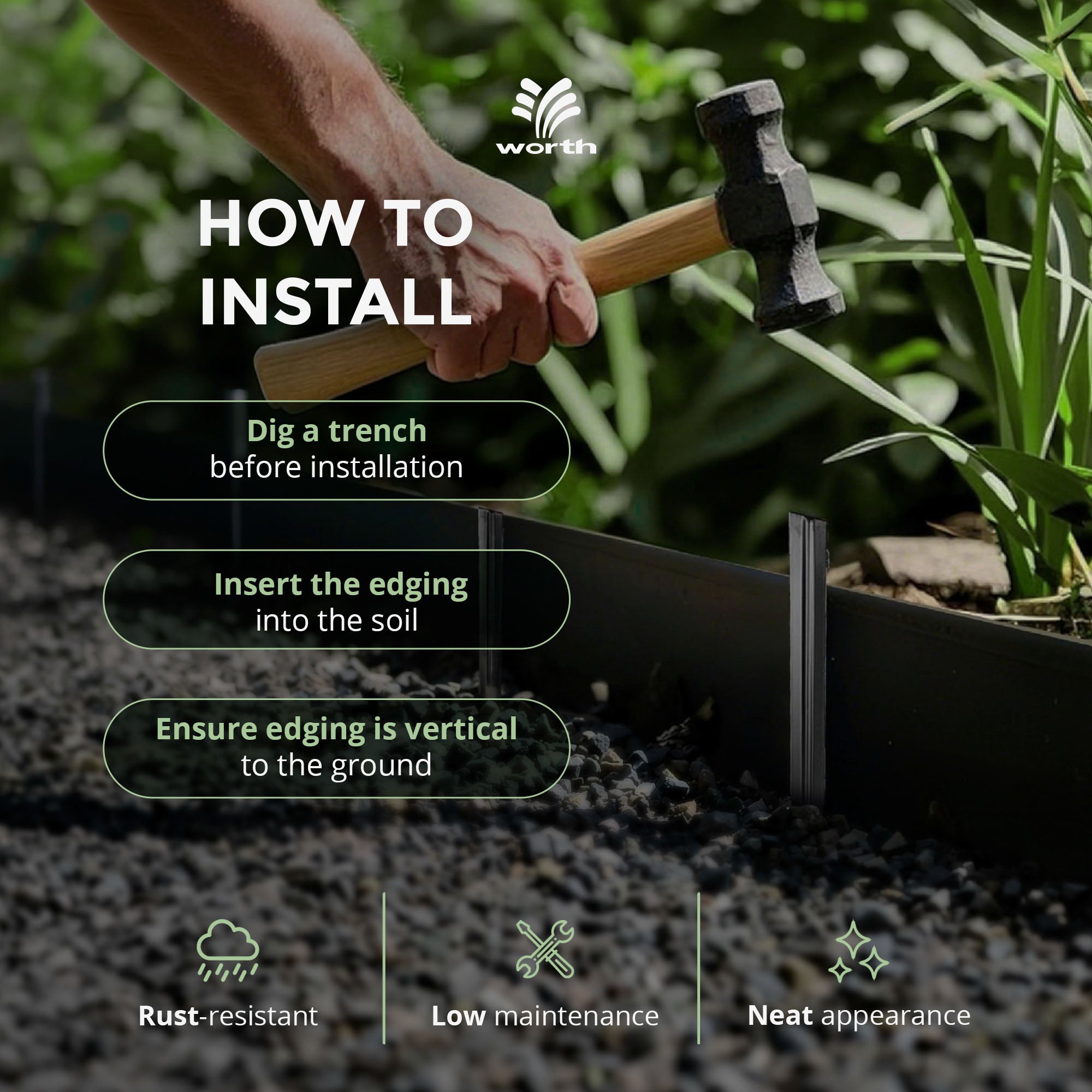 Worth Galvanized Steel Landscape Edging Roll with 8 Stakes, 6" x 25', Black
