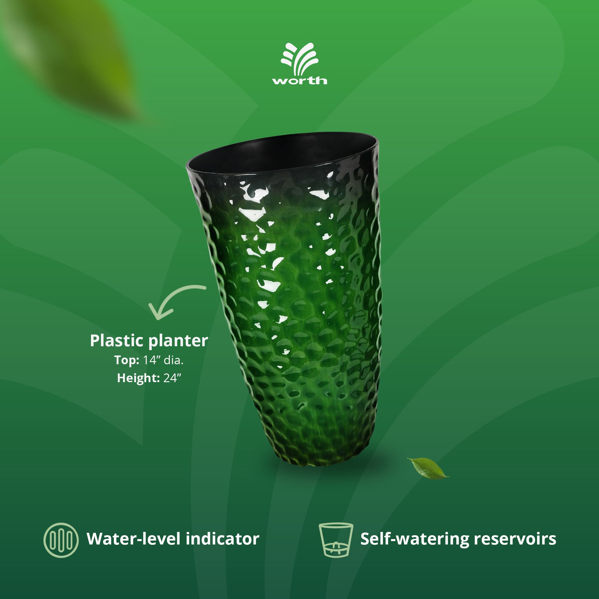 Worth 2 Pack 24" Tall Large Plastic Planter with Drainage Hole, Glossy Green