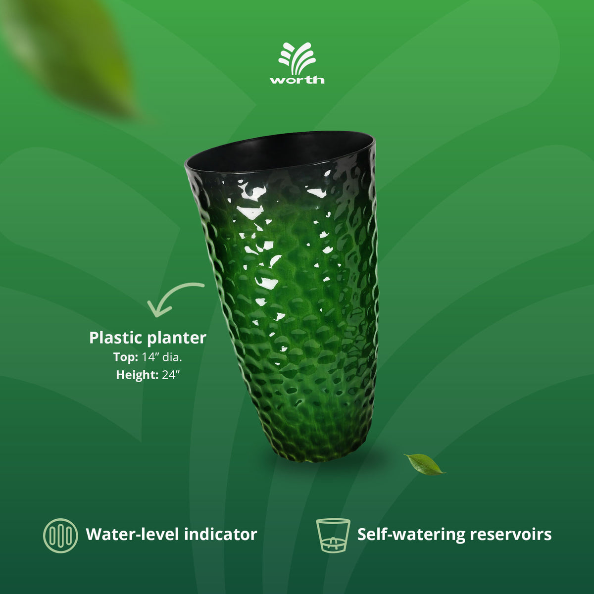Worth 2 Pack 24" Tall Large Plastic Planter with Drainage Hole, Green (Open Box)