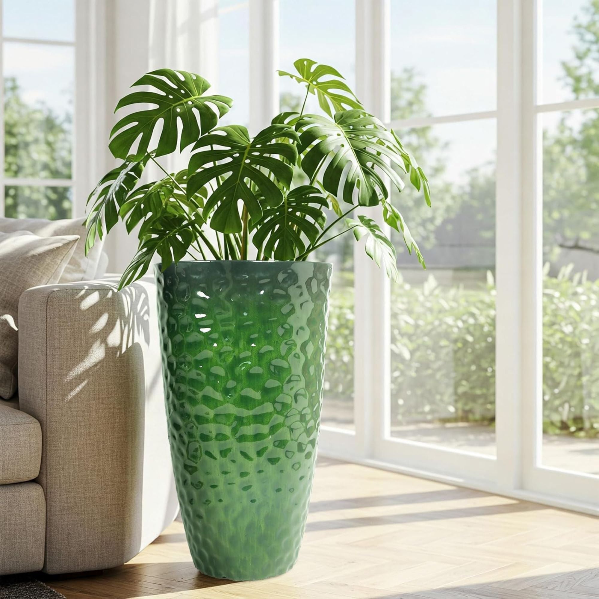 Worth 2 Pack 24" Tall Large Plastic Planter with Drainage Hole, Glossy Green