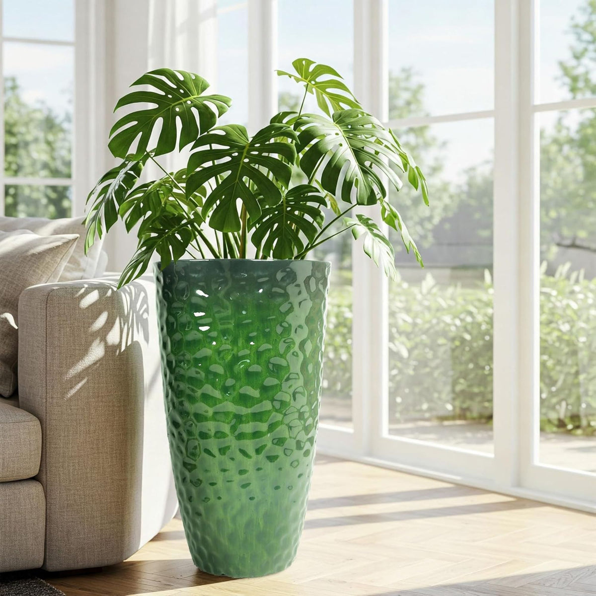 Worth 2 Pack 24" Tall Large Plastic Planter with Drainage Hole, Glossy Green