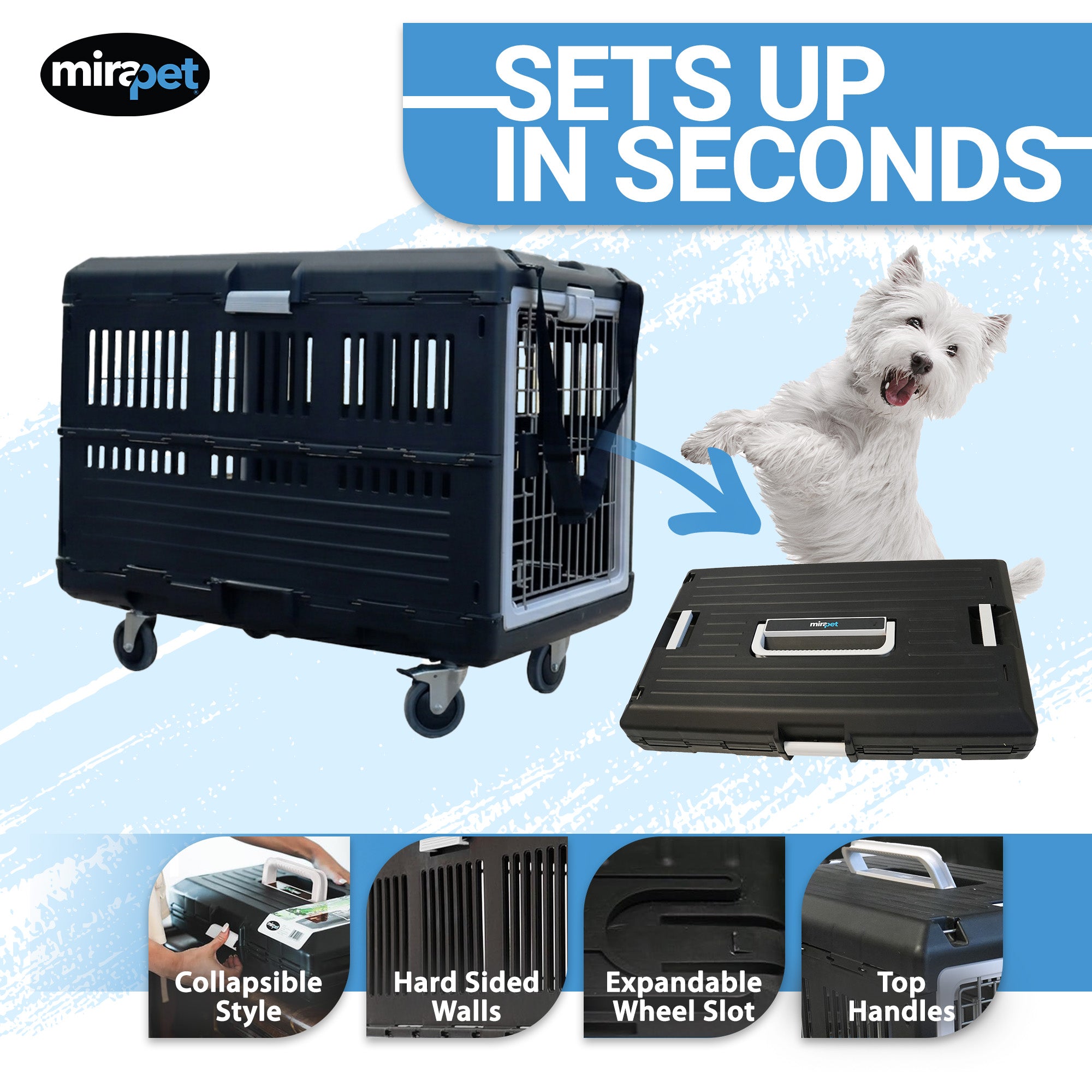 Mirapet Collapsible Pet Carrier & Crate for Large Dogs & Cats w/ Travel Kit, 35"
