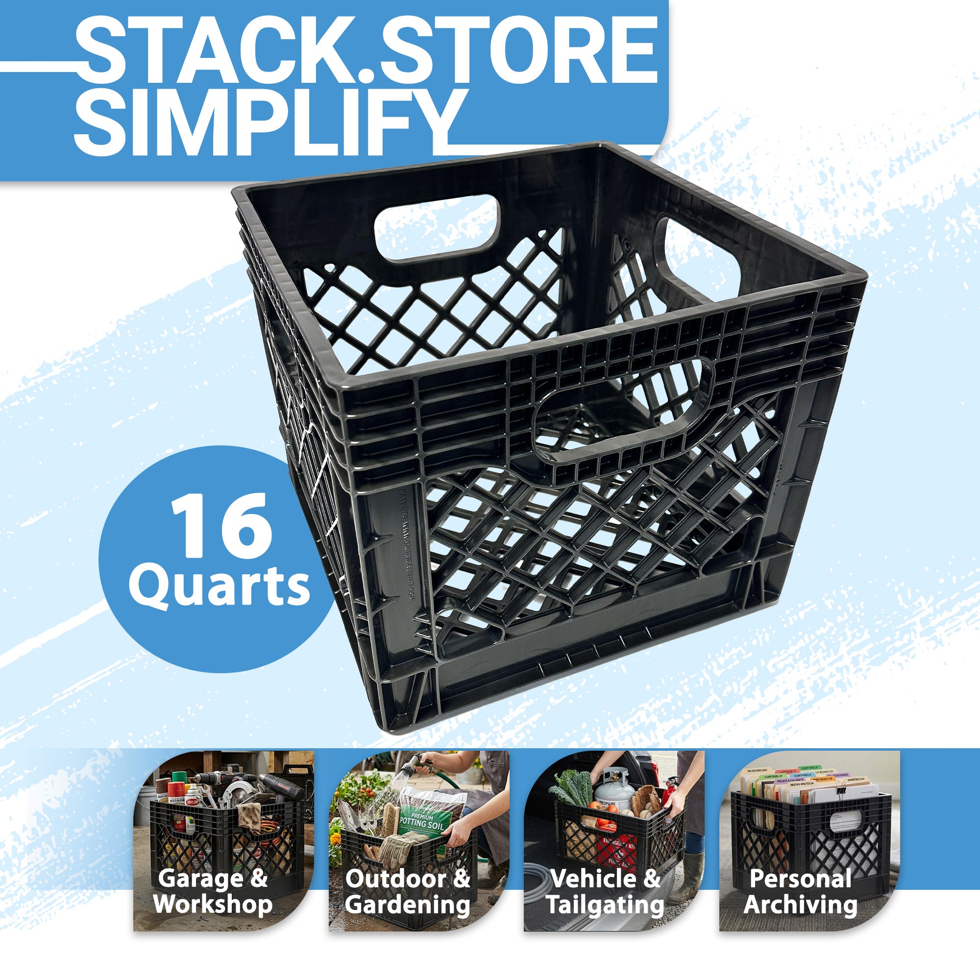 MIRAMAR Milk Crate, Stackable Plastic Storage Bin with Handles, 16 Qt, 2 Pack
