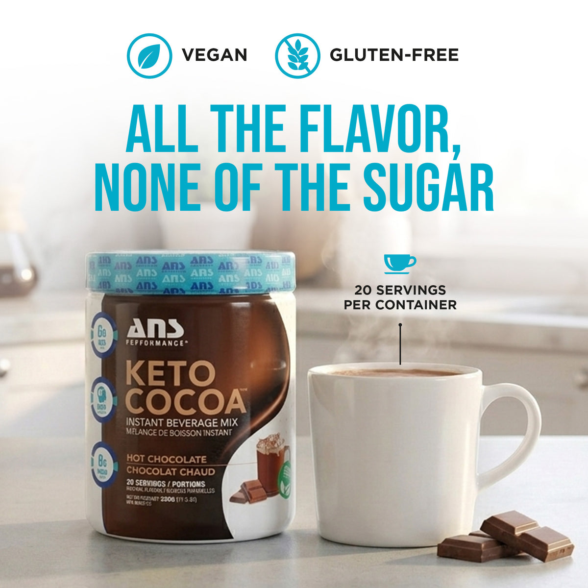 ANS Performance Keto Cocoa, Naturally Sweetened Instant Hot Cocoa Mix, Chocolate