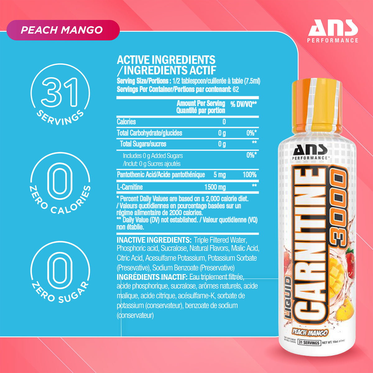 ANS Performance Carnitine 3000 for Muscle Recovery Support, 16 Oz, Peach Mango