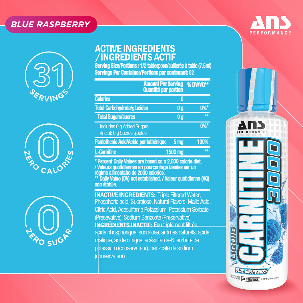 ANS Performance Carnitine 3000, Muscle Recovery Support, 16 Oz, Blue Raspberry