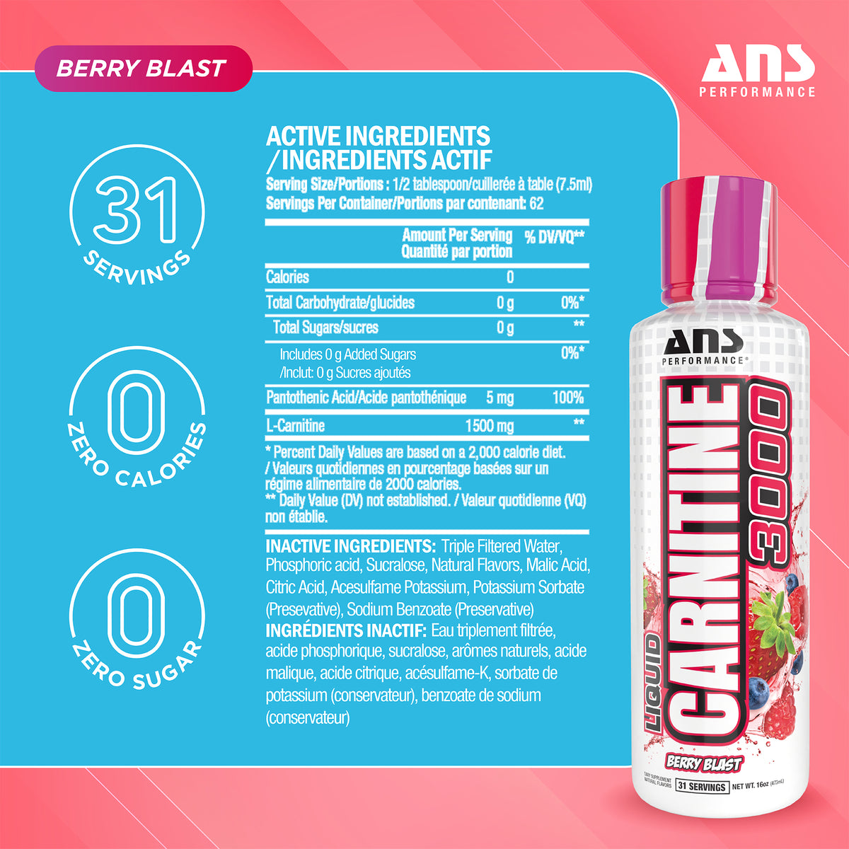 ANS Performance Carnitine 3000 for Muscle Recovery Support, 16 Oz, Berry Blast
