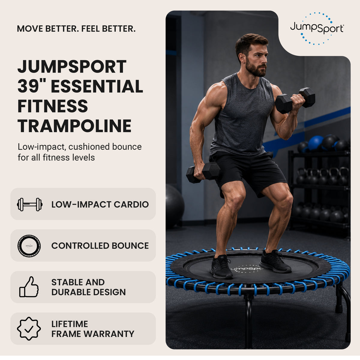 JumpSport 230 Workout Rebounder for Adults, 39" Mini Fitness Trampoline, Black - VMInnovations