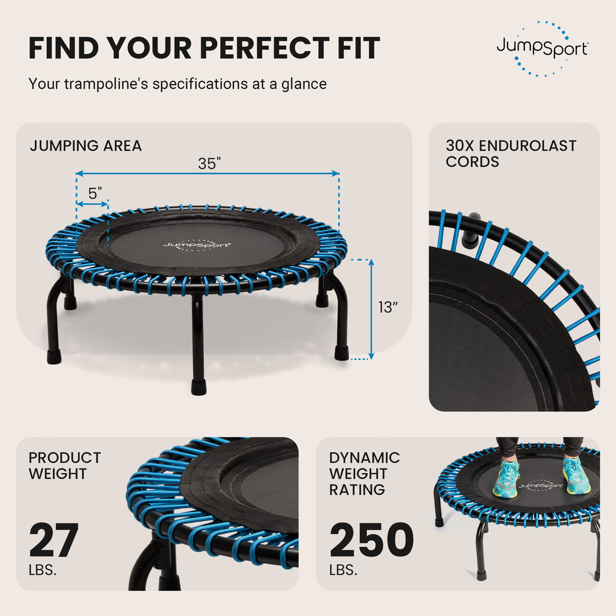 JumpSport 220 Workout Rebounder for Adults, 39" Mini Fitness Trampoline, Black - VMInnovations