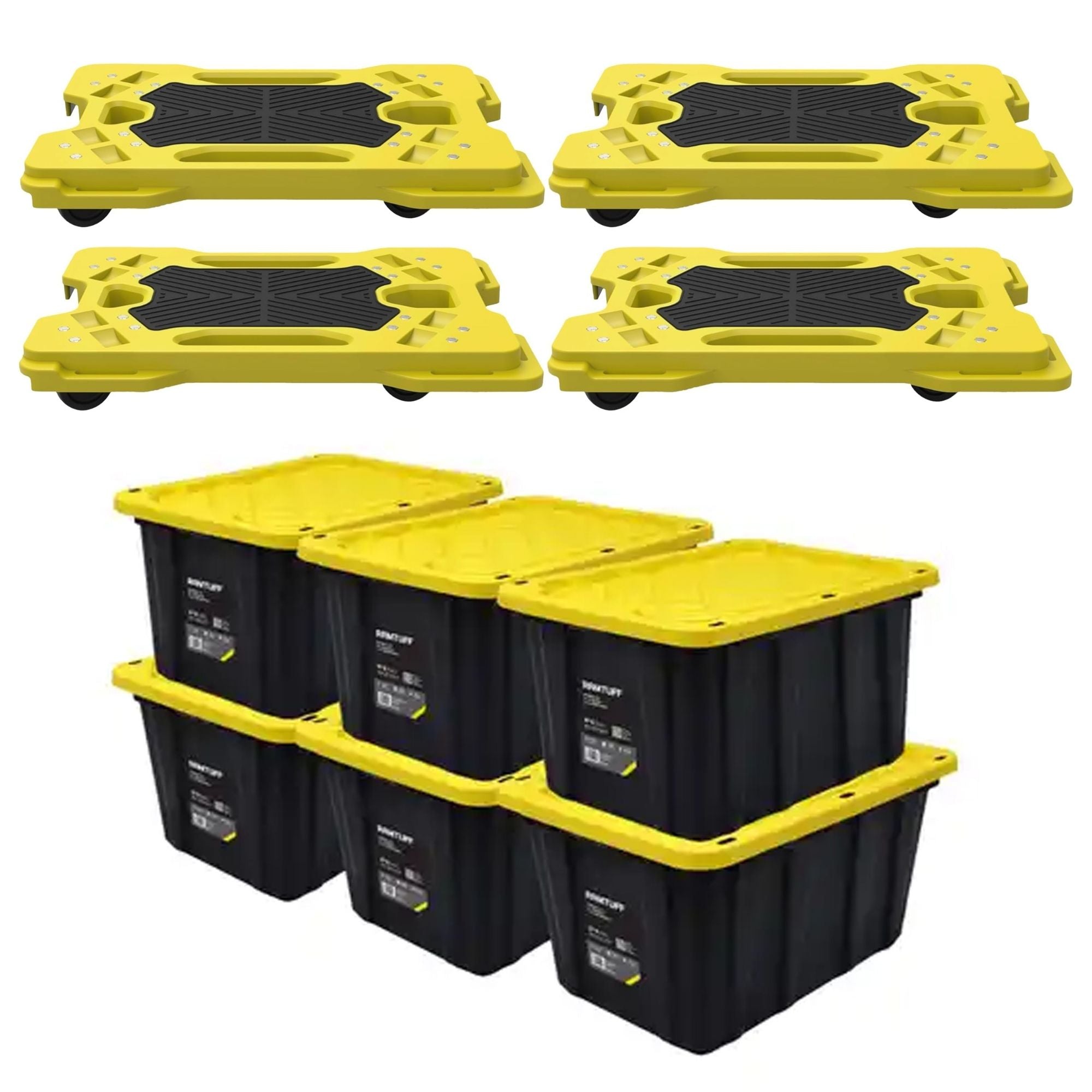Ramtuff 6 Pack Stackable Storage Container and 4 Pack Connectable Moving Dolly - VMInnovations
