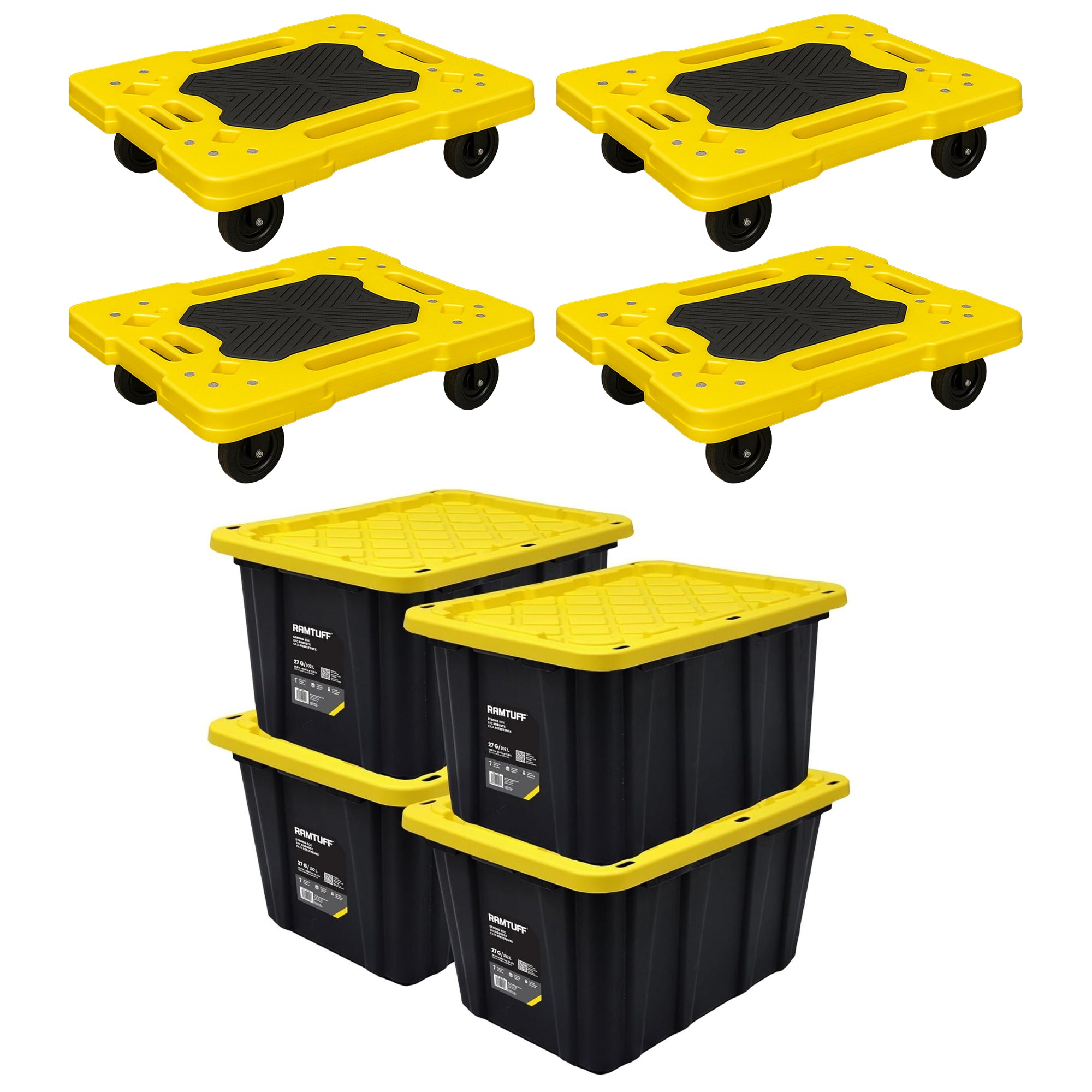 Ramtuff 4 Pack Stackable Storage Container and 4 Pack Connectable Moving Dolly