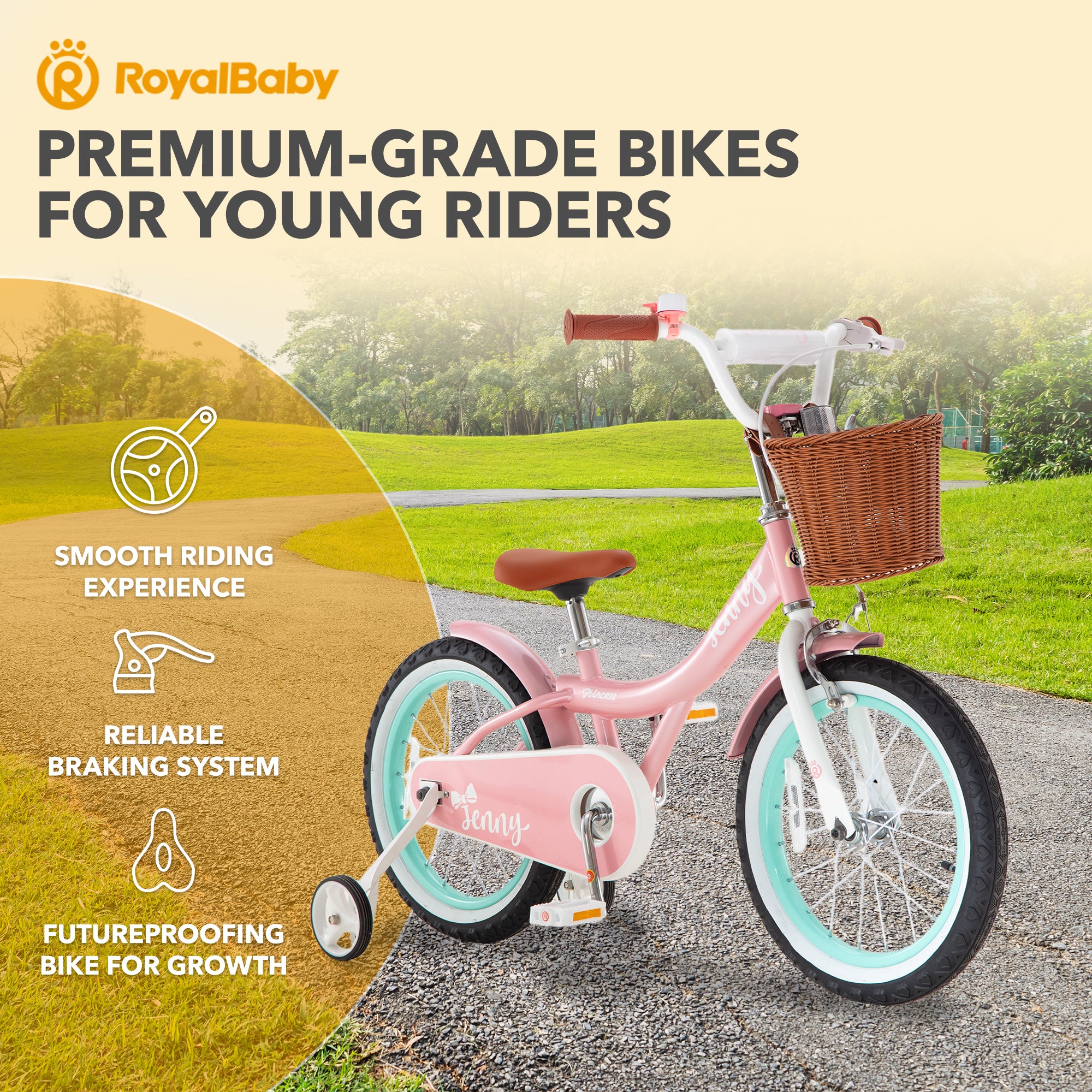 RoyalBaby Princess Girl Bike 16" w/ Training Wheels & Kickstand, Jenny/Pink-Mint - VMInnovations