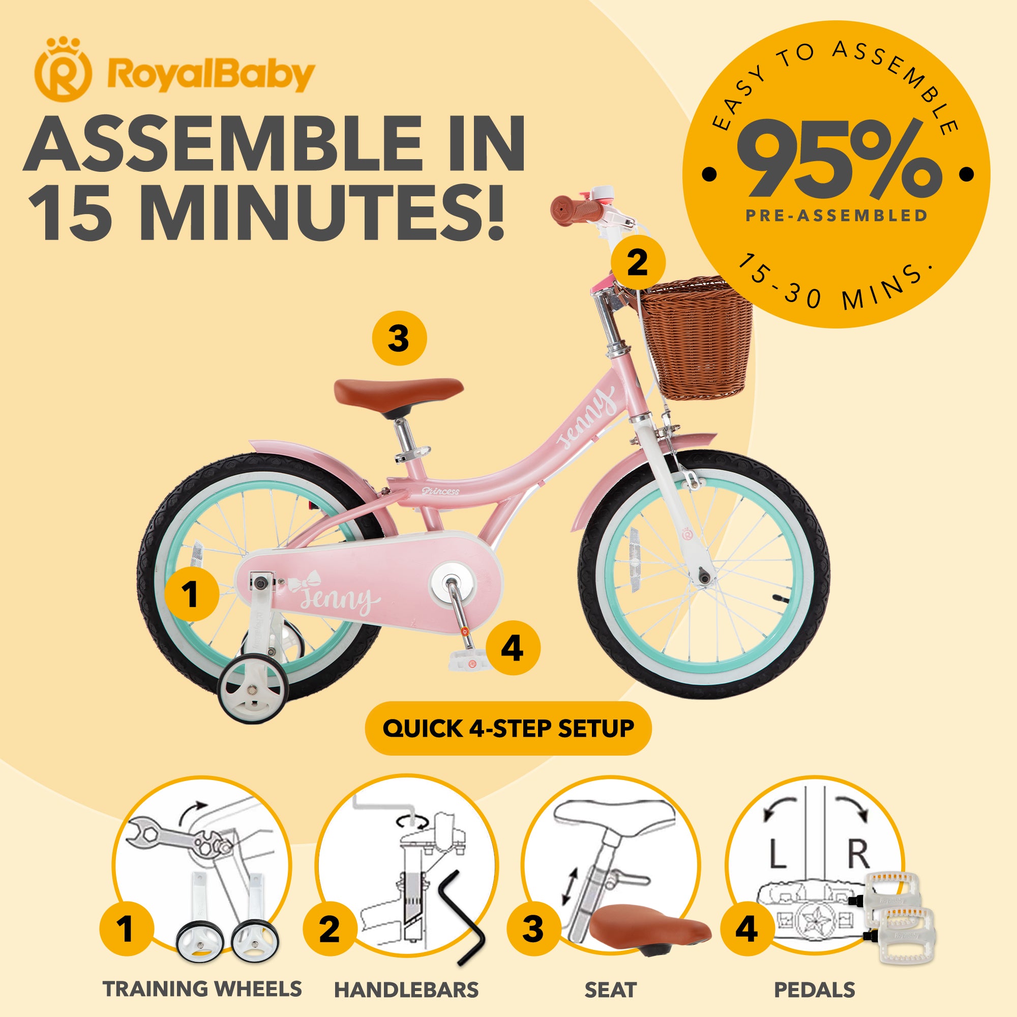 RoyalBaby Princess Girl Bike 16" w/ Training Wheels & Kickstand, Jenny/Pink-Mint - VMInnovations