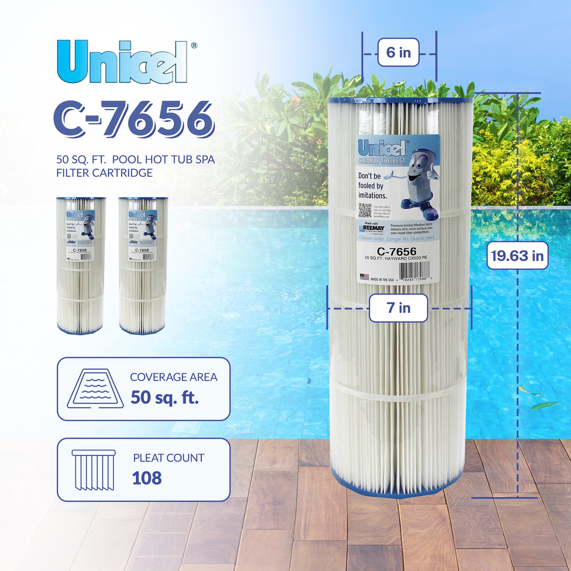 Unicel C-7656 Replacement 50 Sq Ft Pool Hot Tub Spa Filter Cartridge, 108 Pleats - VMInnovations
