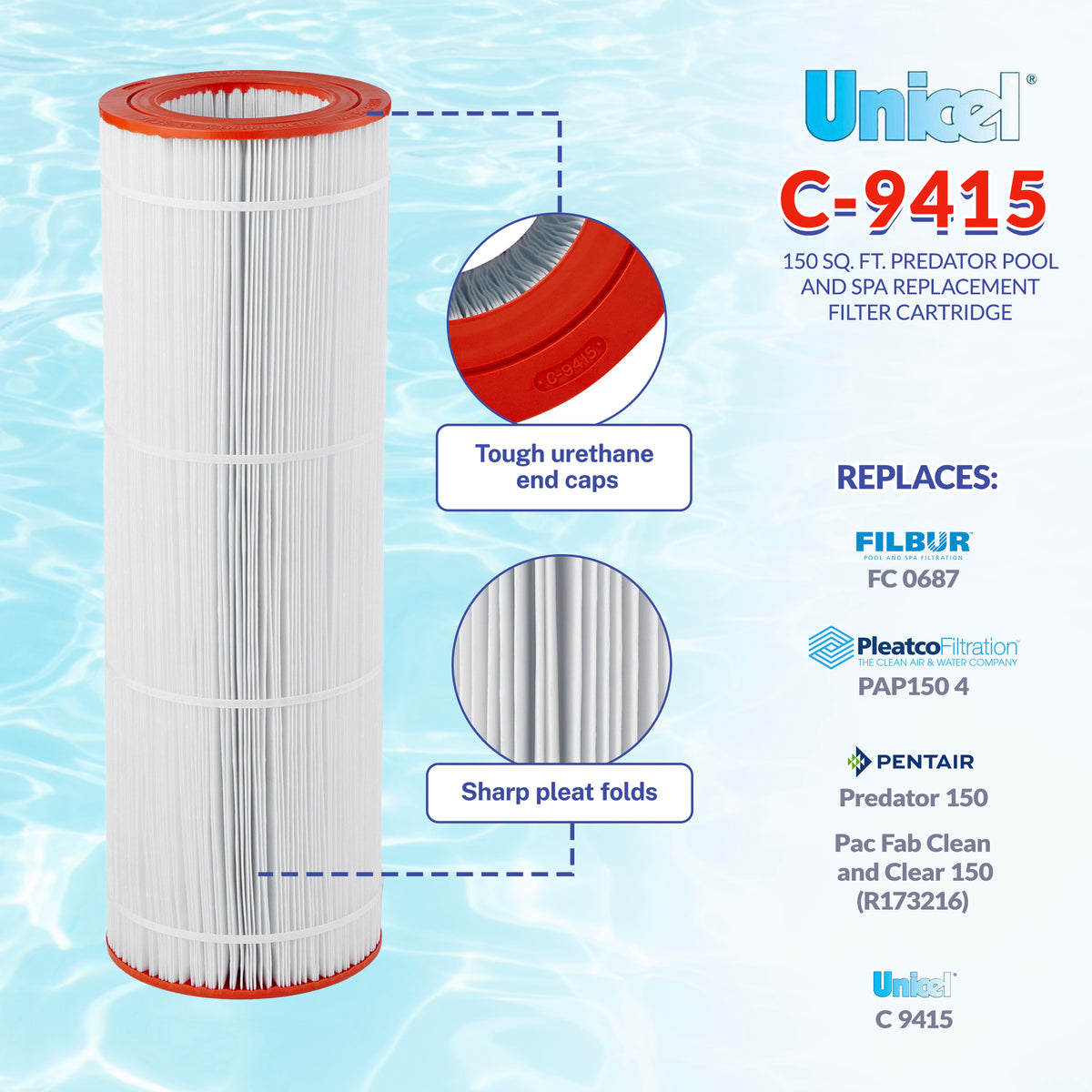 Unicel C-9415 Replacement 150 Sq Ft Pool Filter Cartridge, 175 Pleats, 2 Pack