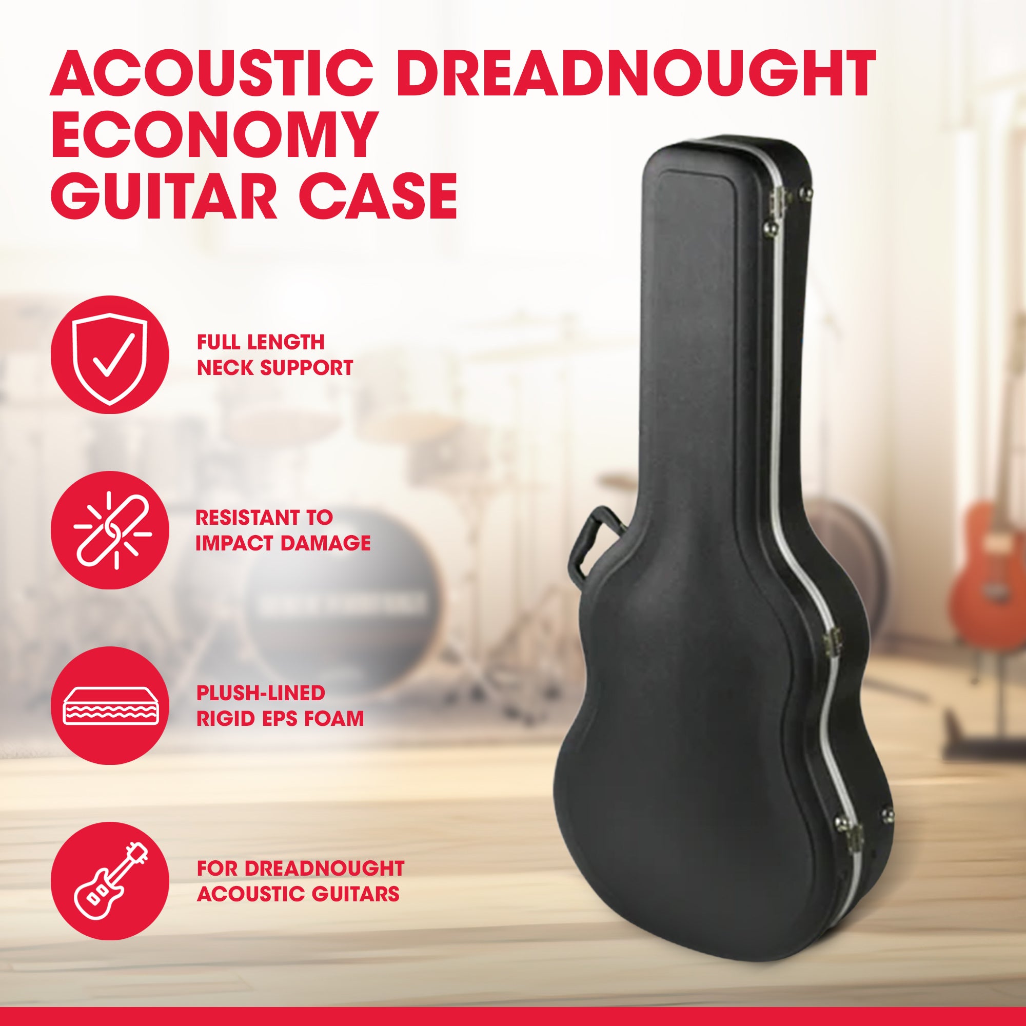 SKB Hardshell Economy Travel Guitar Case for Dreadnought Acoustic Guitars, Black - VMInnovations