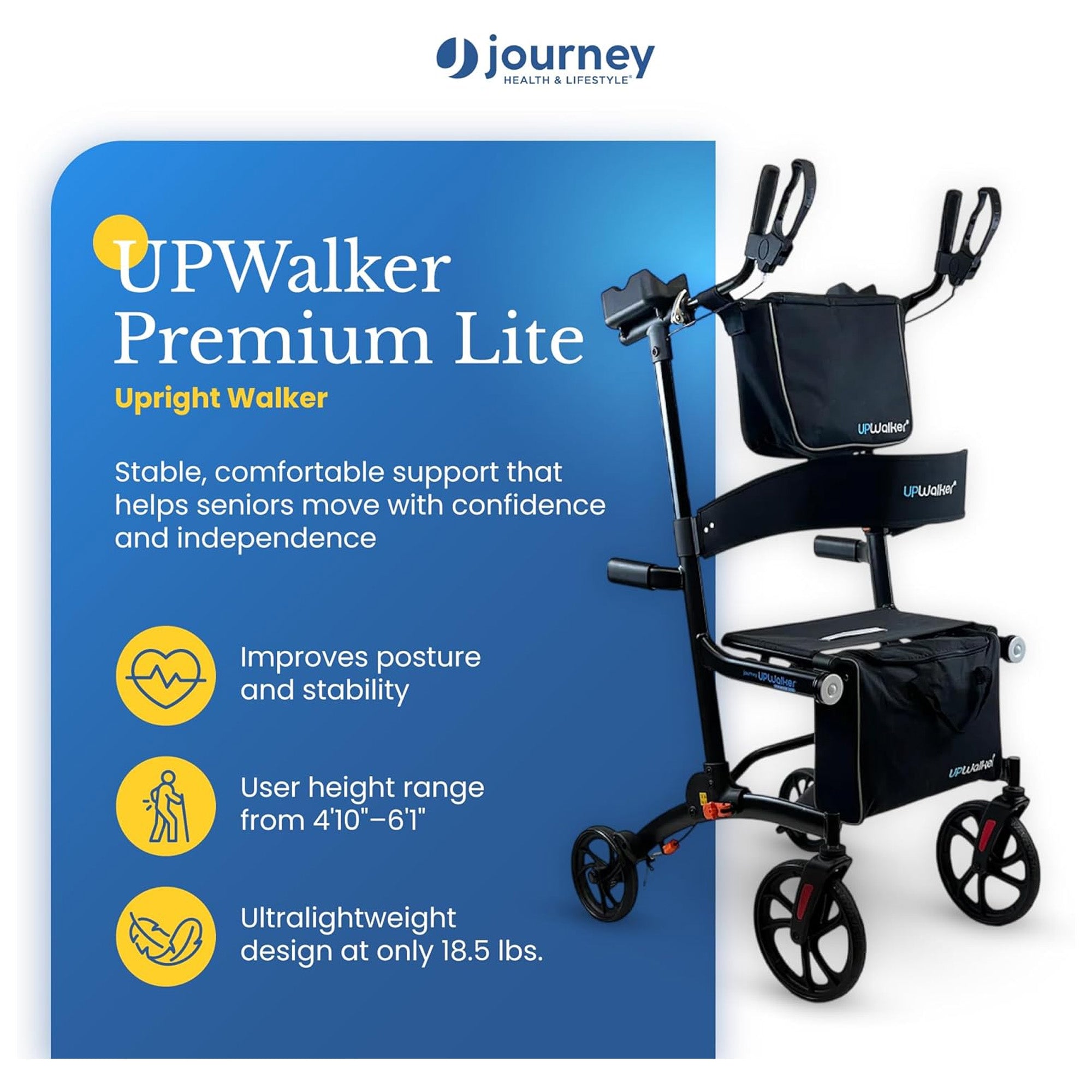 LifeWalker UPWalker EZ Lite Lightweight Upright Rollator Walker for Seniors - VMInnovations