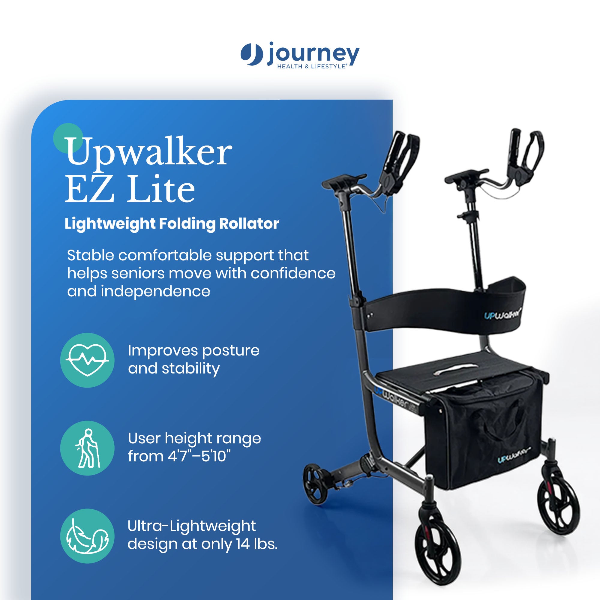 LifeWalker UPWalker EZ Lite Lightweight Upright Rollator Walker for Seniors