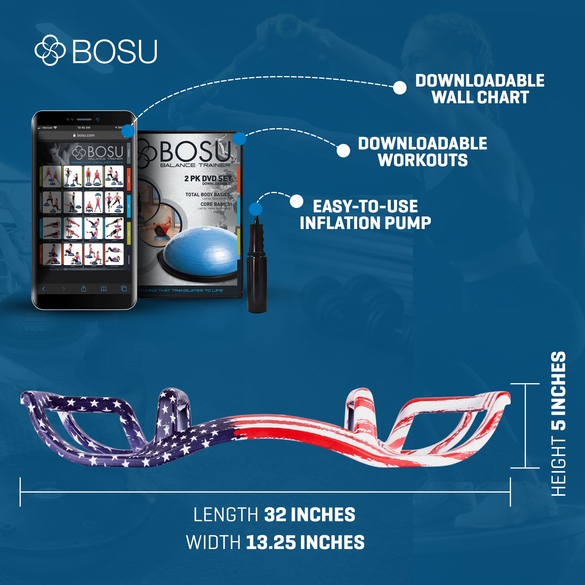 BOSU Helm Push Up Bar, Portable Workout Exercise Equipment, Patriot Collection