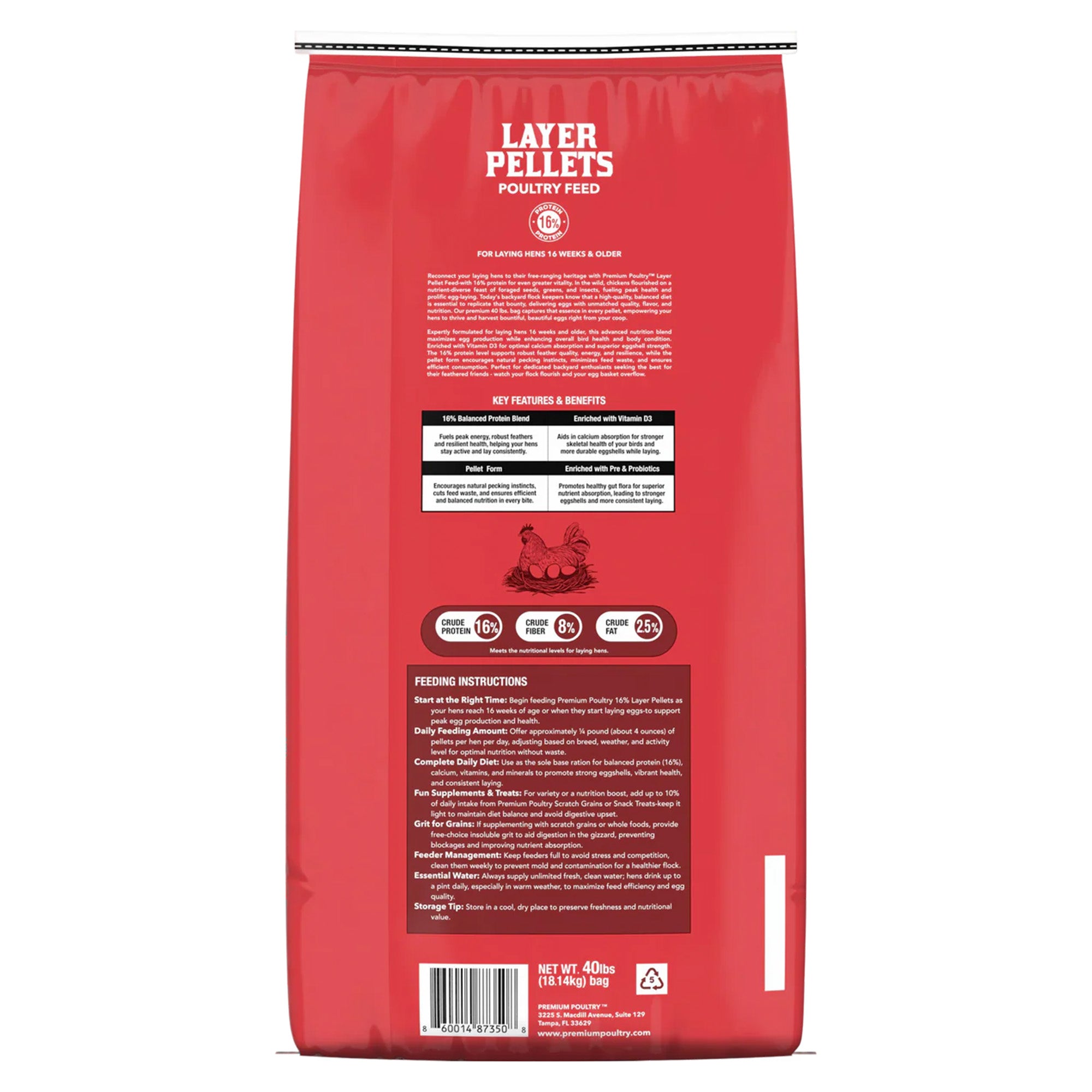 Premium Poultry Layer Pellets for Laying Hens, 16% Protein Blend Feed, 2000 lb