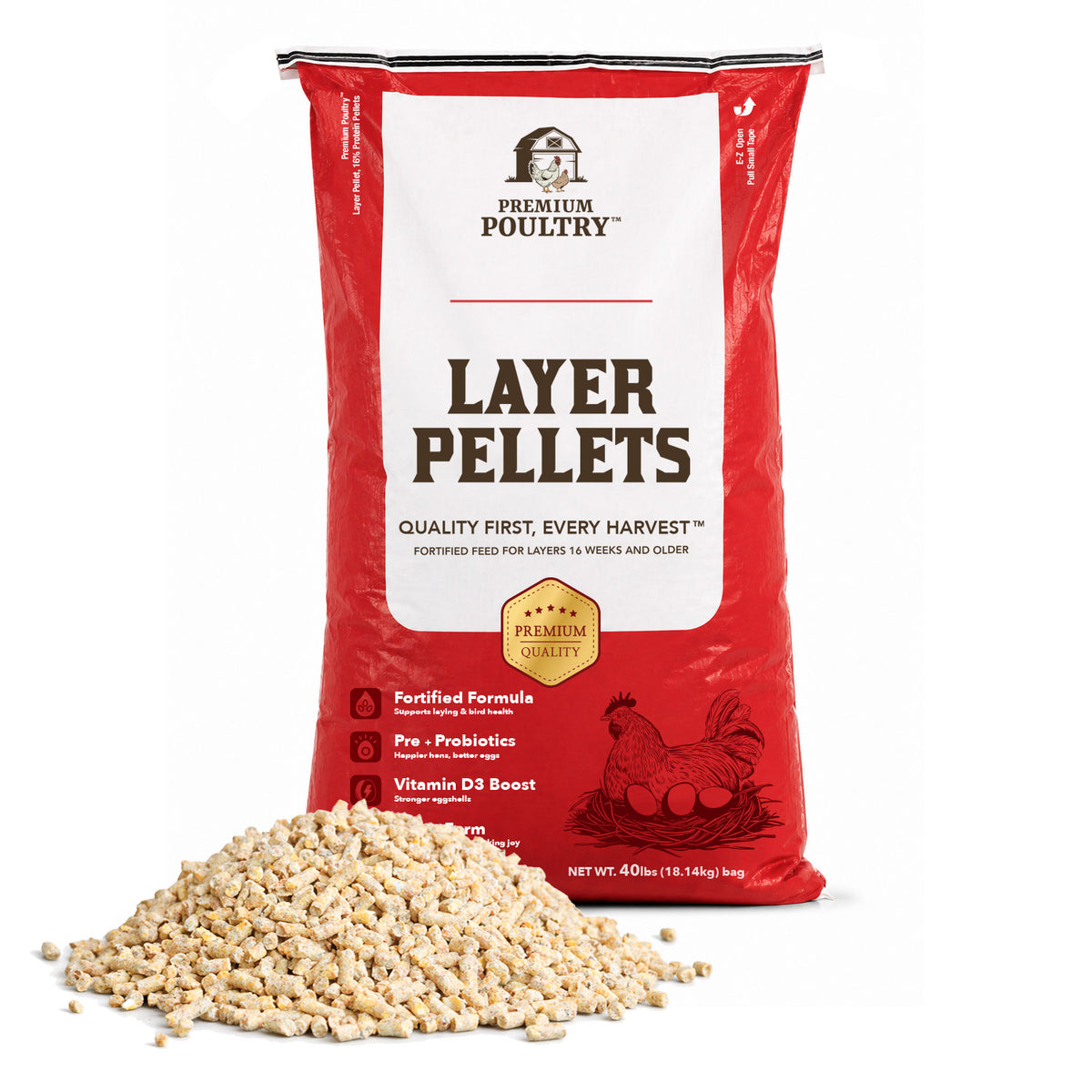Premium Poultry Layer Pellets for Laying Hens, 16% Protein Blend Feed, 40 lb