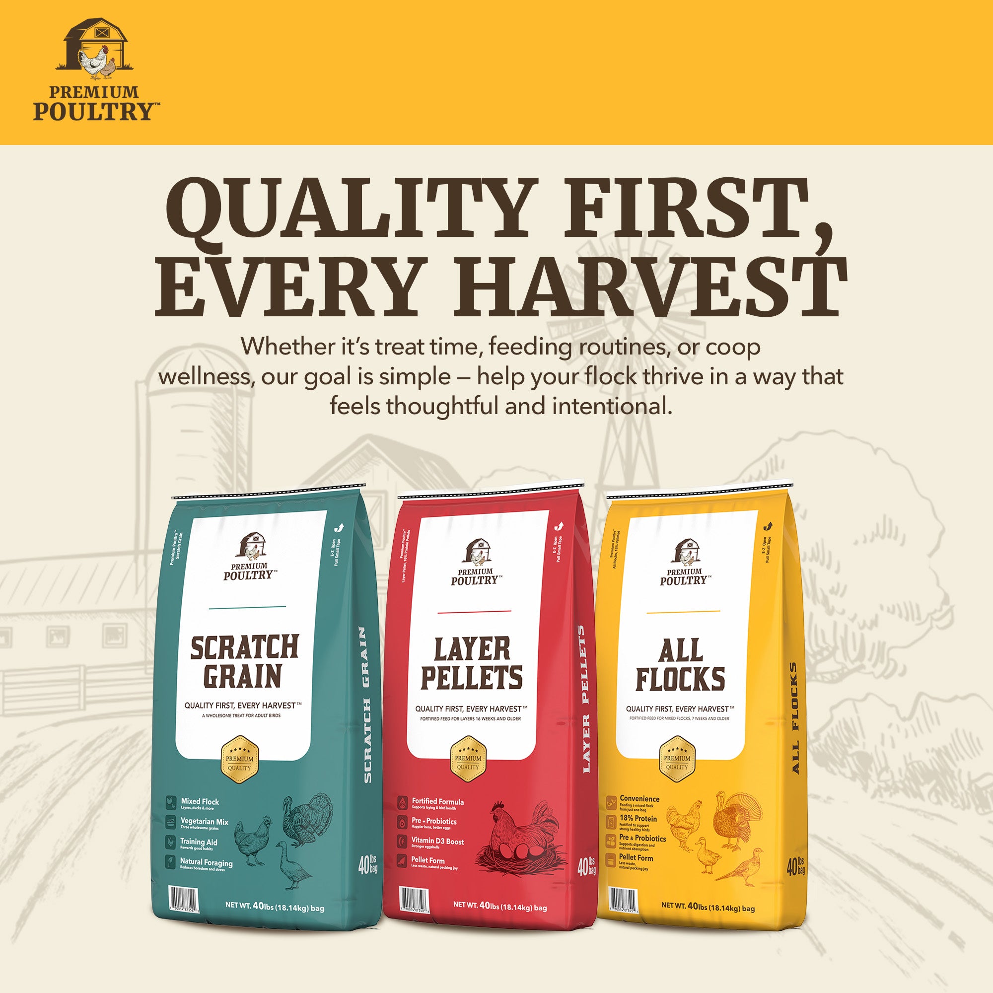 Premium Poultry All Flocks Feed Pellets, Protein for Mixed Flocks, 40 lb, 2 Pack