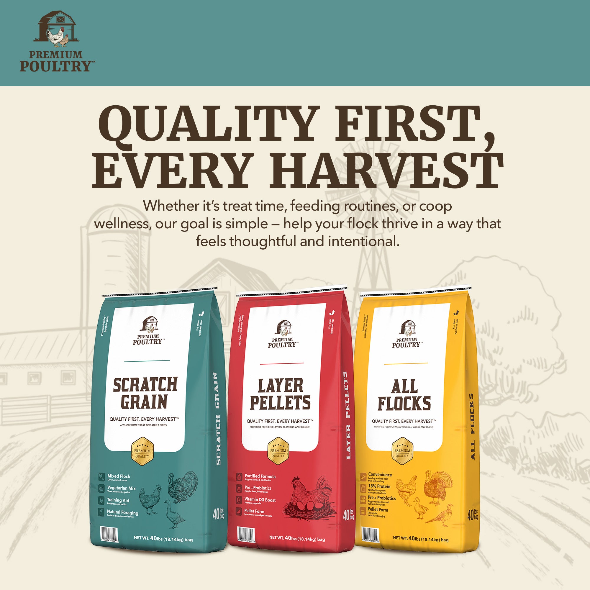 Premium Poultry Scratch Grain for Adult Chickens, Ducks, and Turkeys, 40 Pounds