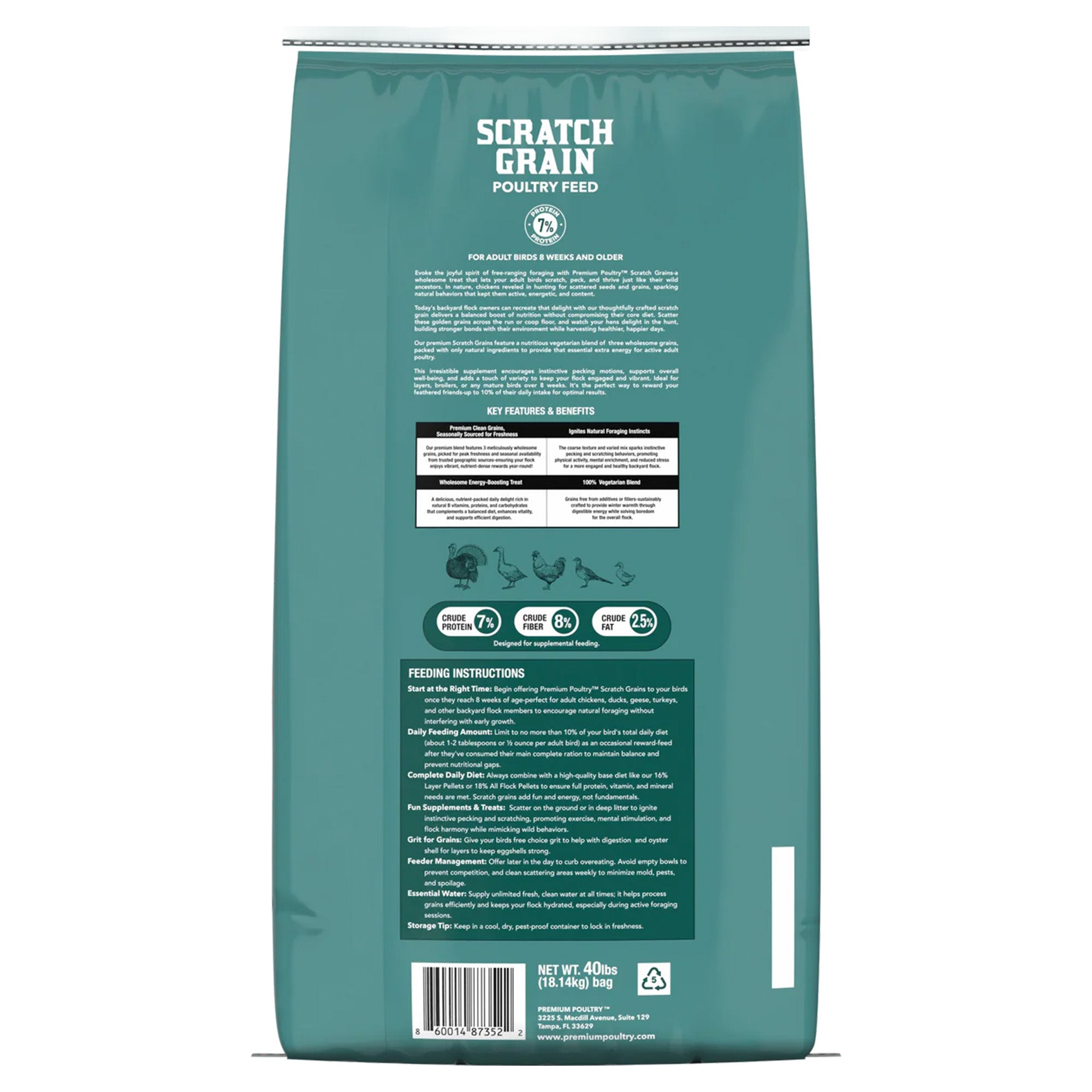 Premium Poultry Scratch Grain for Adult Chickens, Ducks, and Turkeys, 40 Pounds